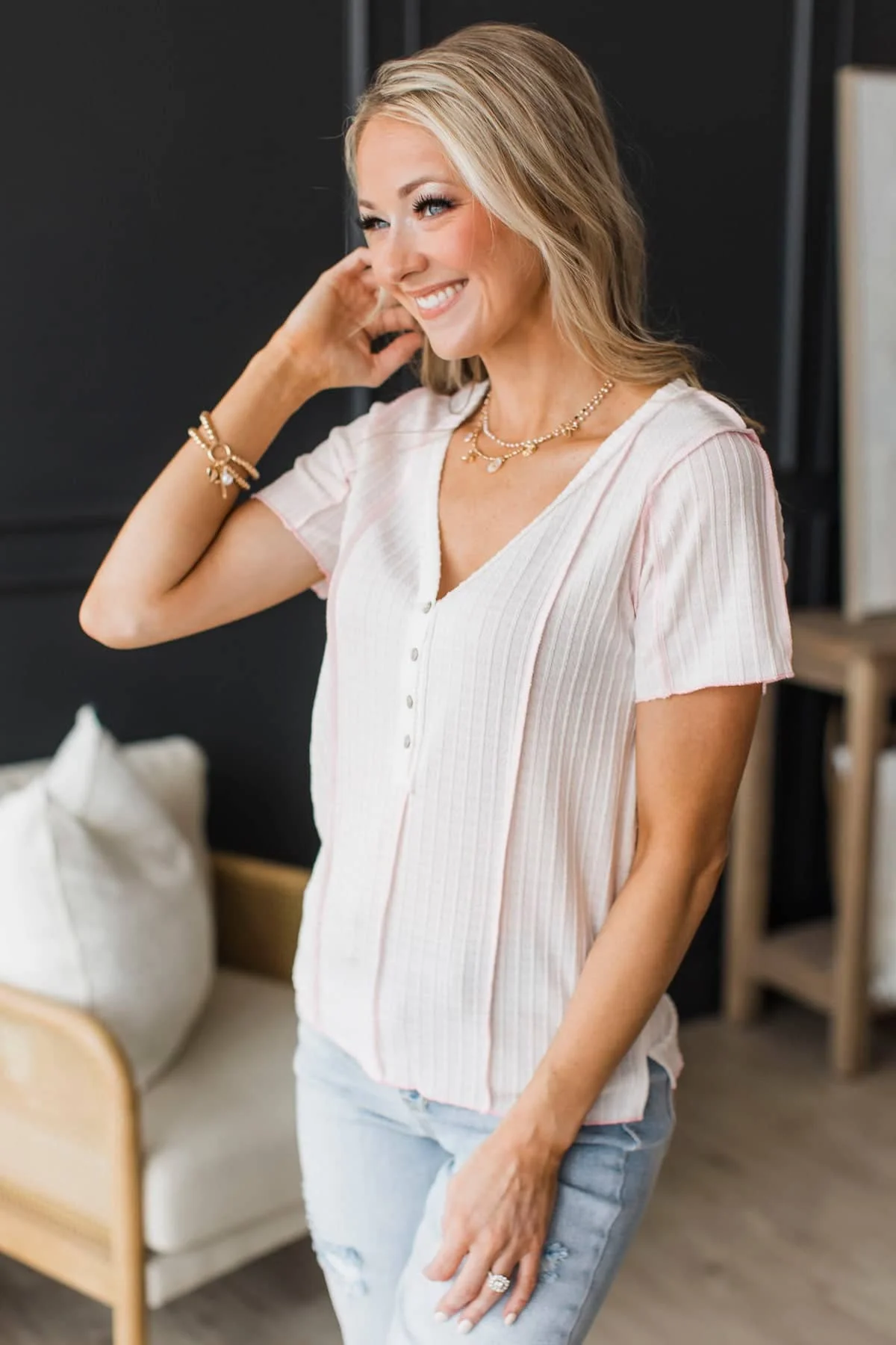 Own It Short Sleeve Button V-Neck Top- White & Pink - Image 4