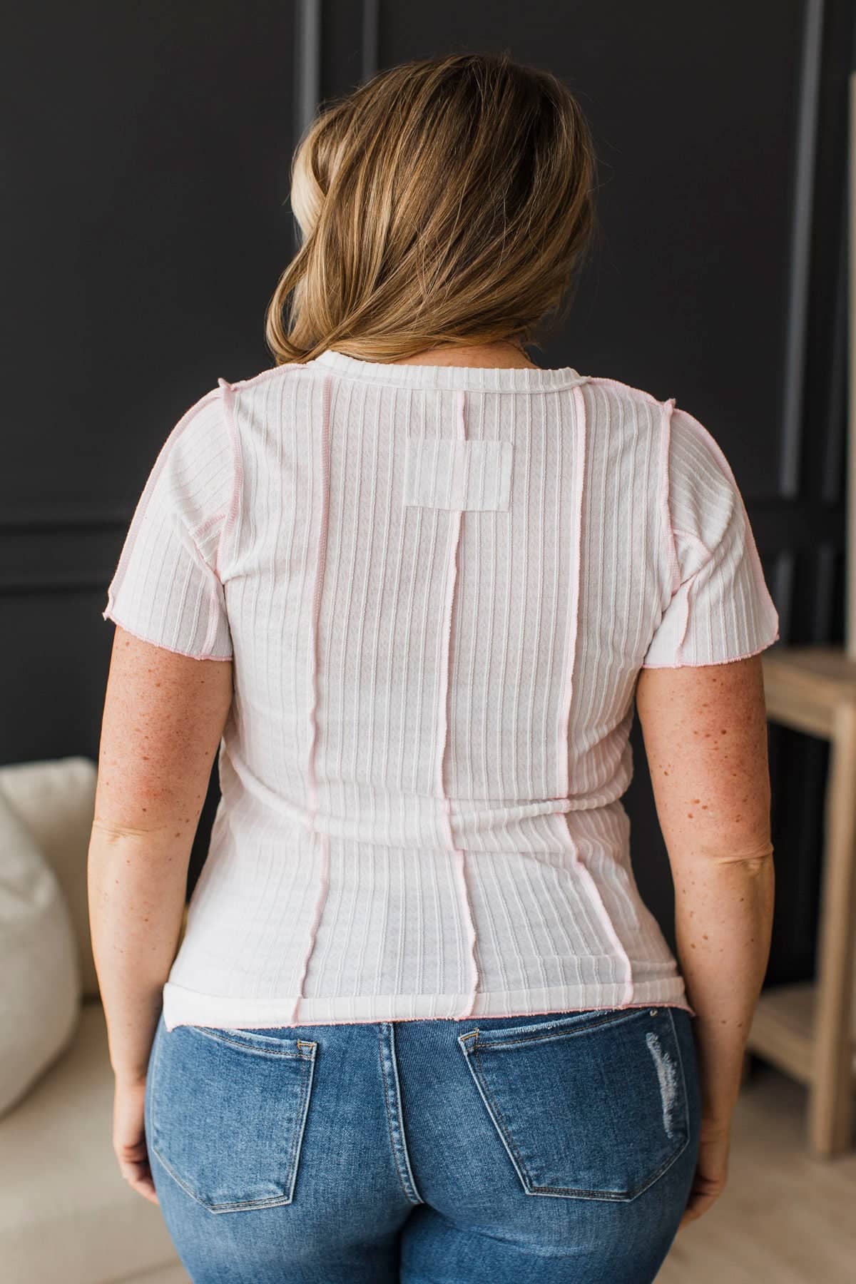 Own It Short Sleeve Button V-Neck Top- White & Pink - Image 7