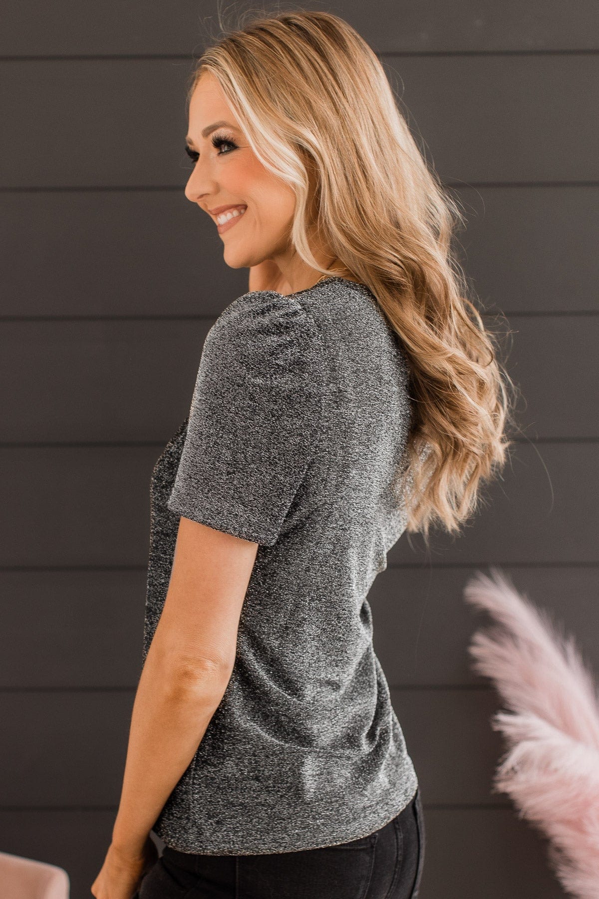 Own The Evening Short Sleeve Shimmer Top- Charcoal - Image 6