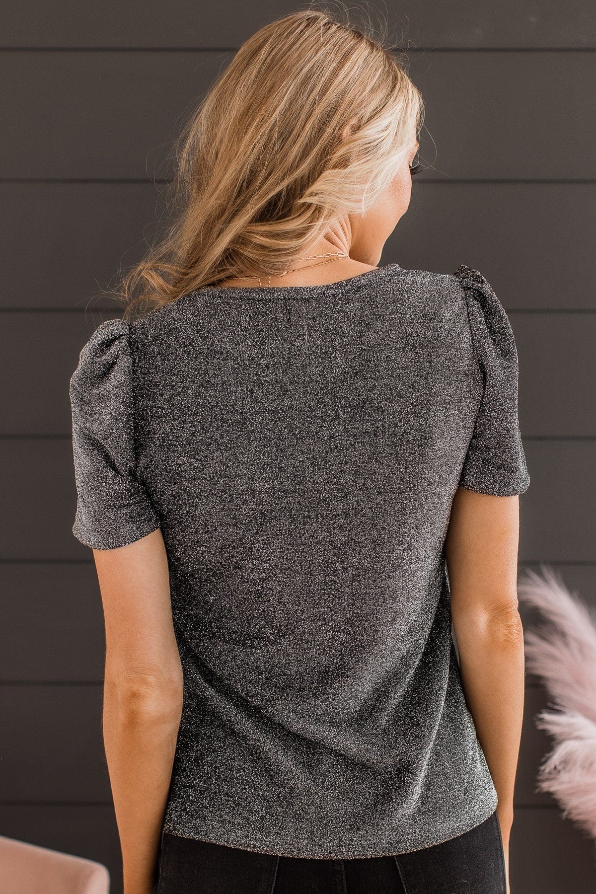 Own The Evening Short Sleeve Shimmer Top- Charcoal - Image 8