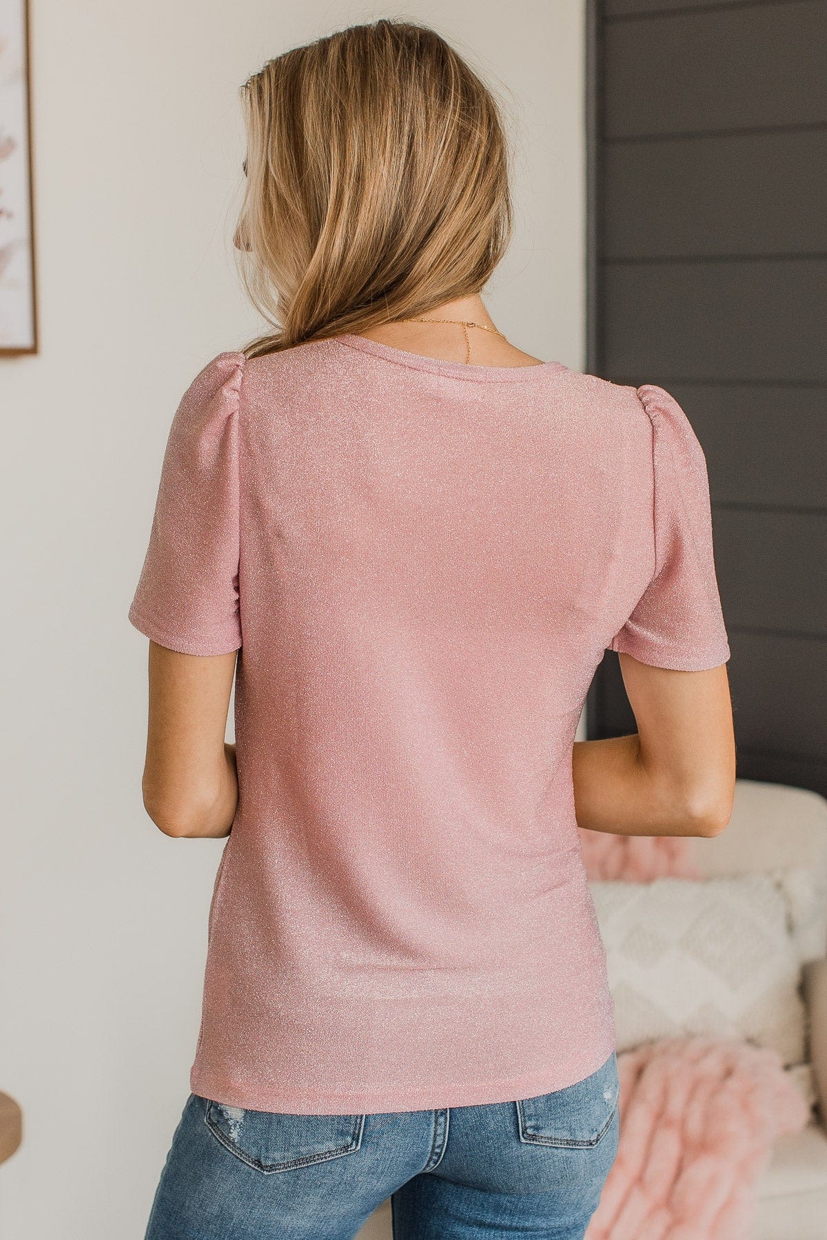Own The Evening Short Sleeve Shimmer Top- Light Pink - Image 7