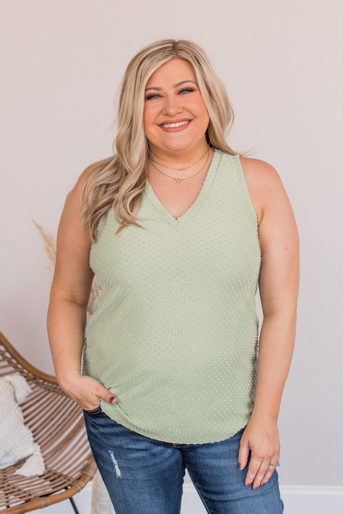 Owns My Heart V-Neck Tank Top- Dusty Sage - Image 2