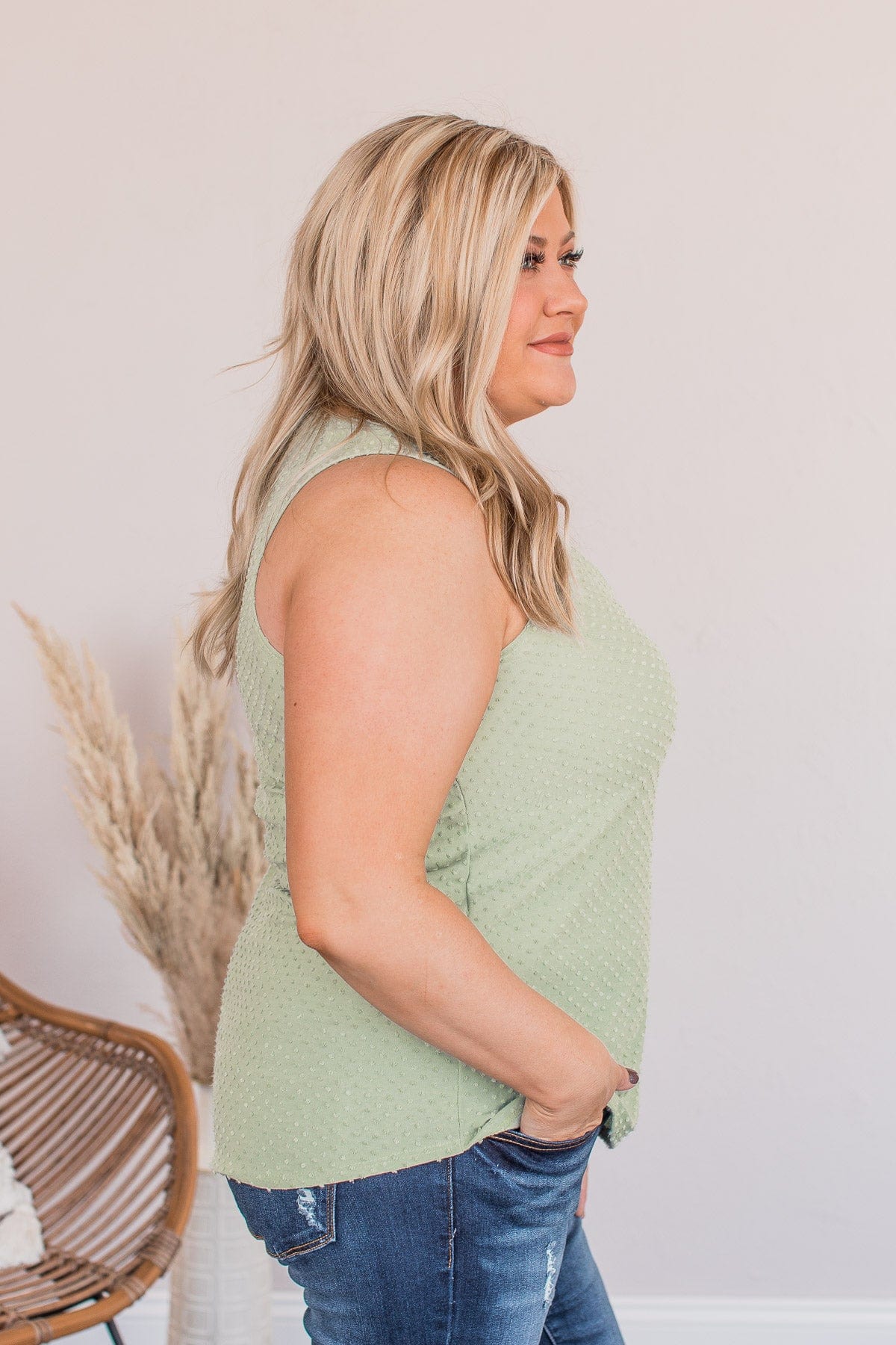 Owns My Heart V-Neck Tank Top- Dusty Sage - Image 4