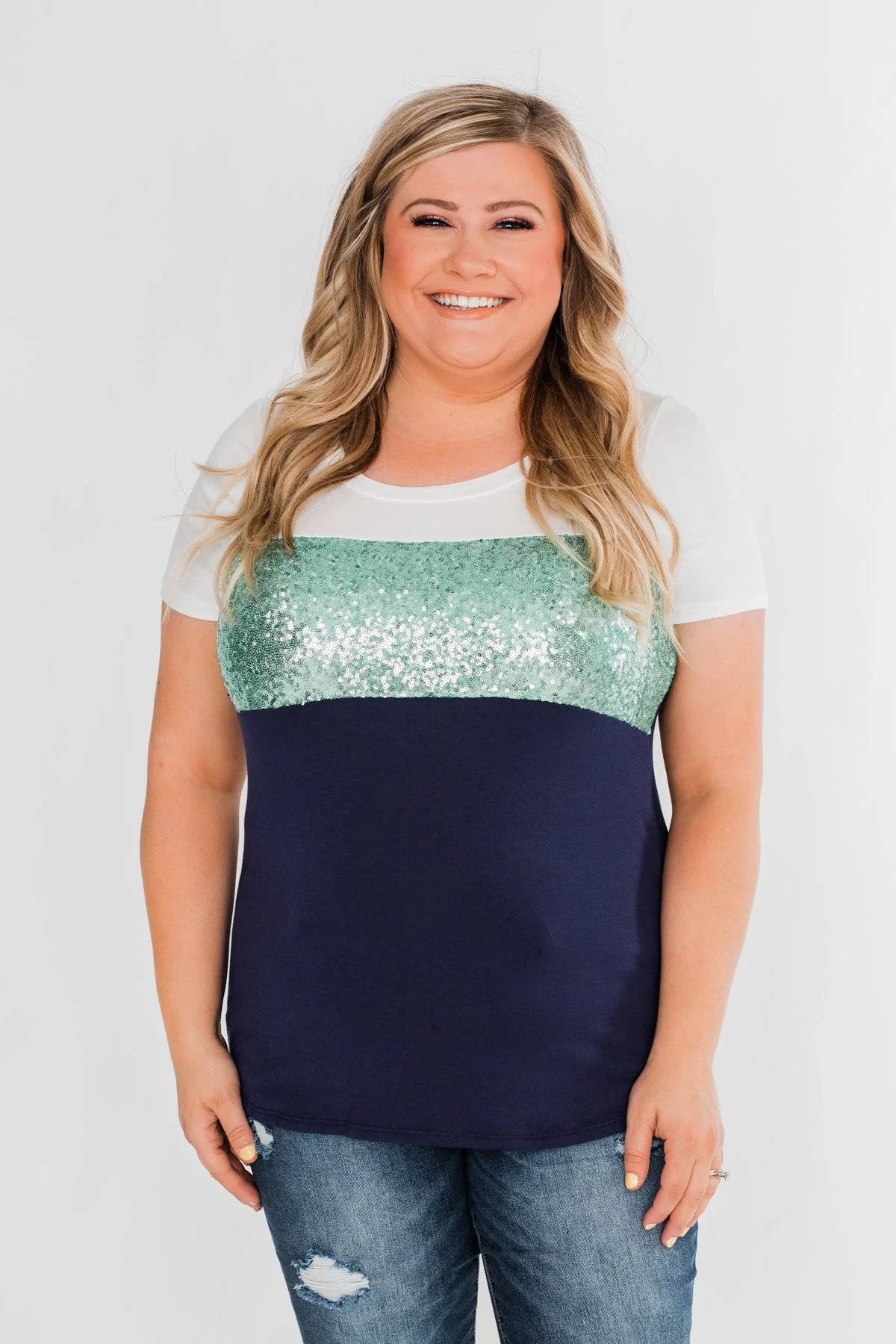 Part Of Your World Sequin Top- Teal Green & Navy - Image 3