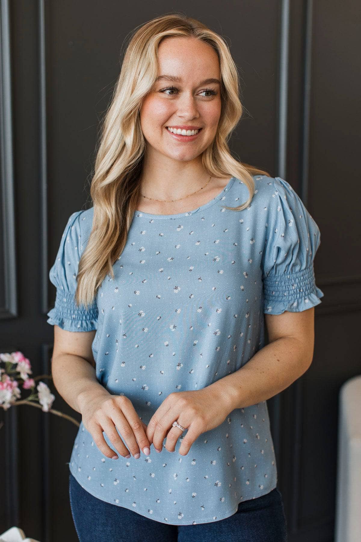 Particularly In Love Floral Puff Sleeve Top- Denim Blue - Image 2