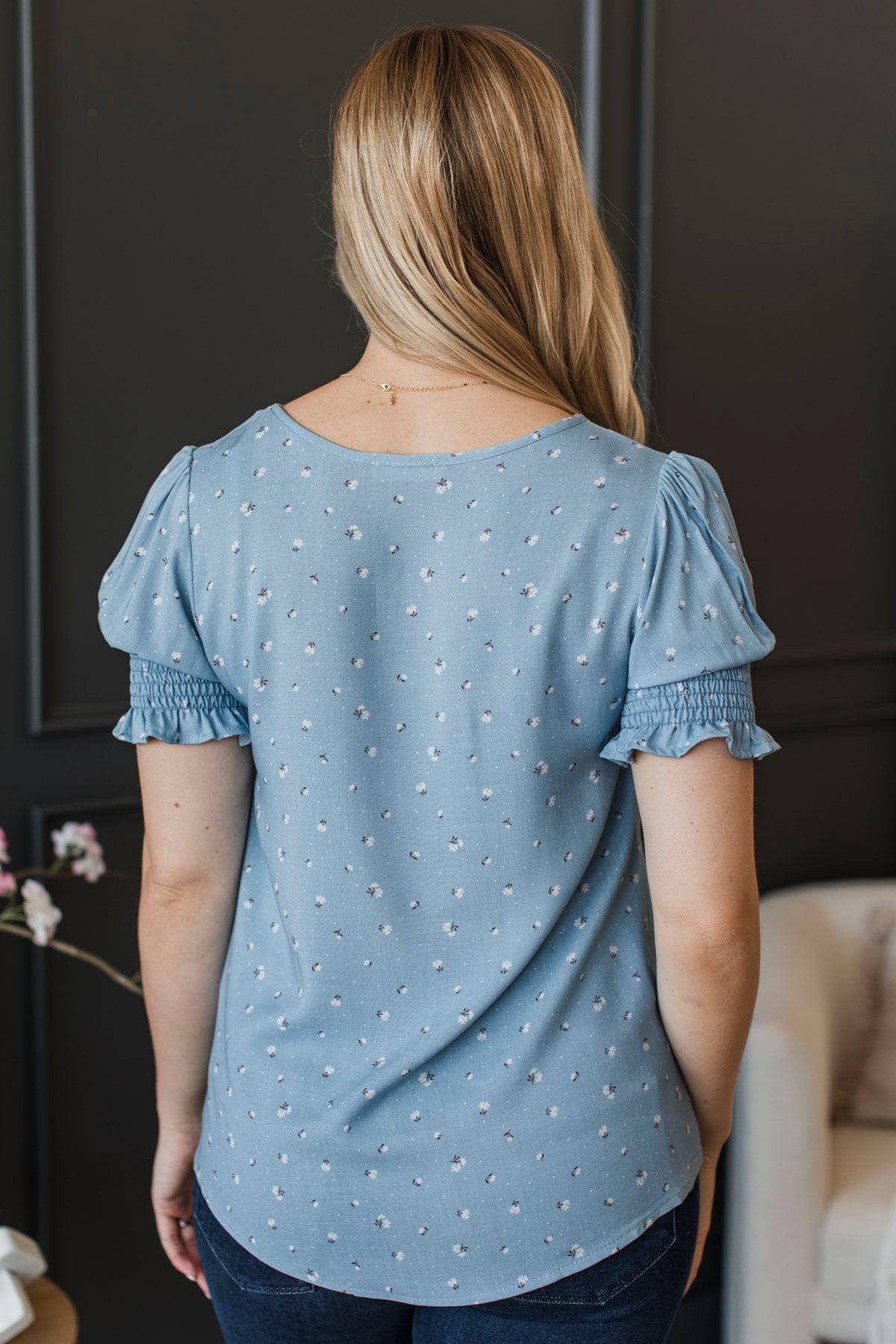 Particularly In Love Floral Puff Sleeve Top- Denim Blue - Image 8
