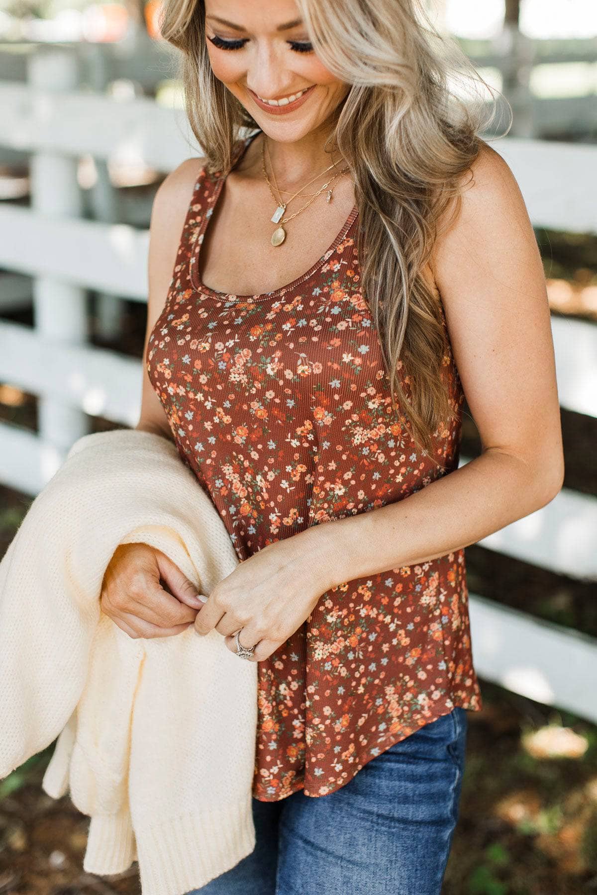 Particularly Stunning Floral Tank Top- Rust Brown - Image 3