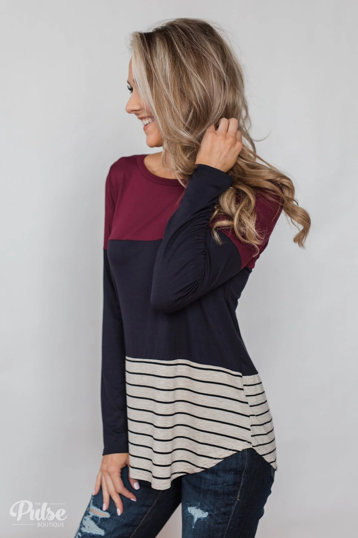 Party in the Back Lace Detail Top- Maroon & Navy - Image 7