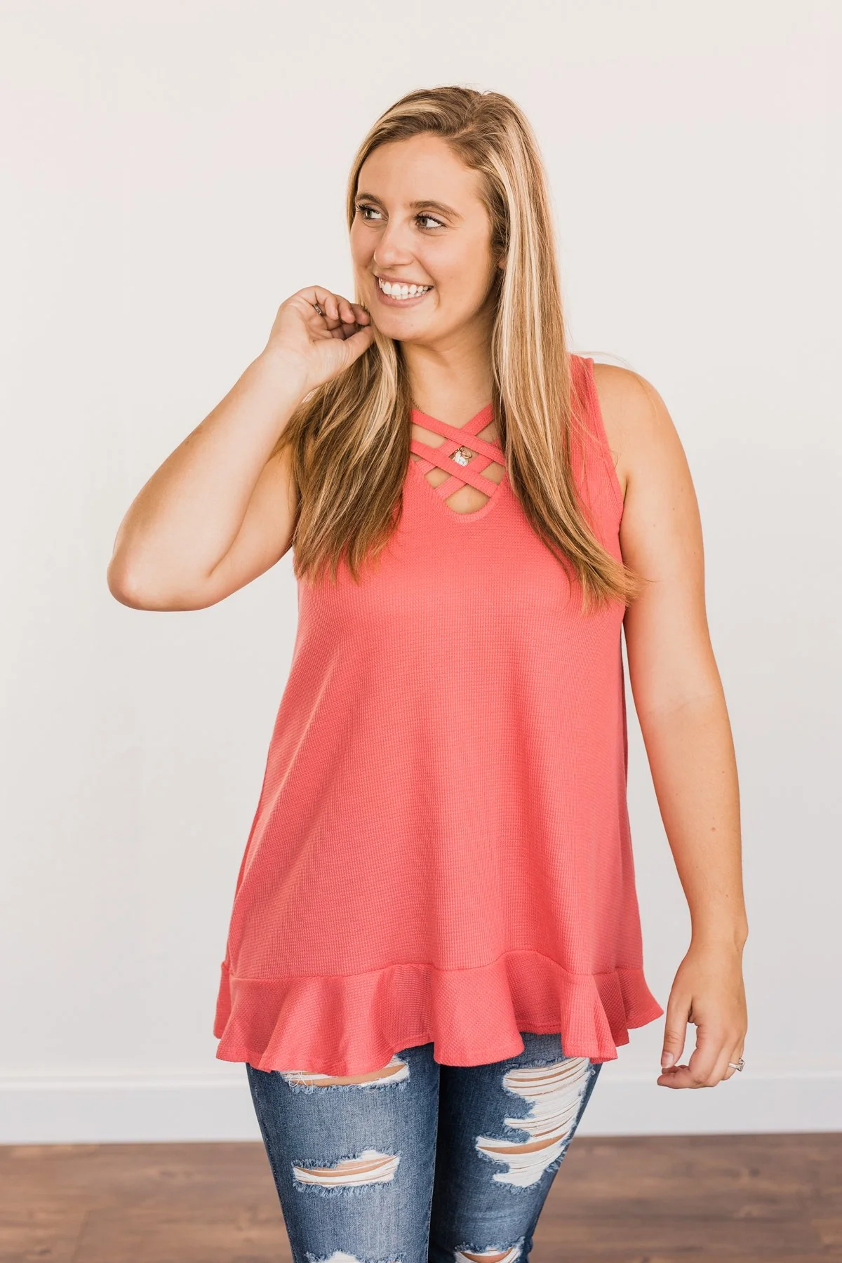 Passionate & Proud Criss-Cross Tank Top- Deep Coral - Image 3