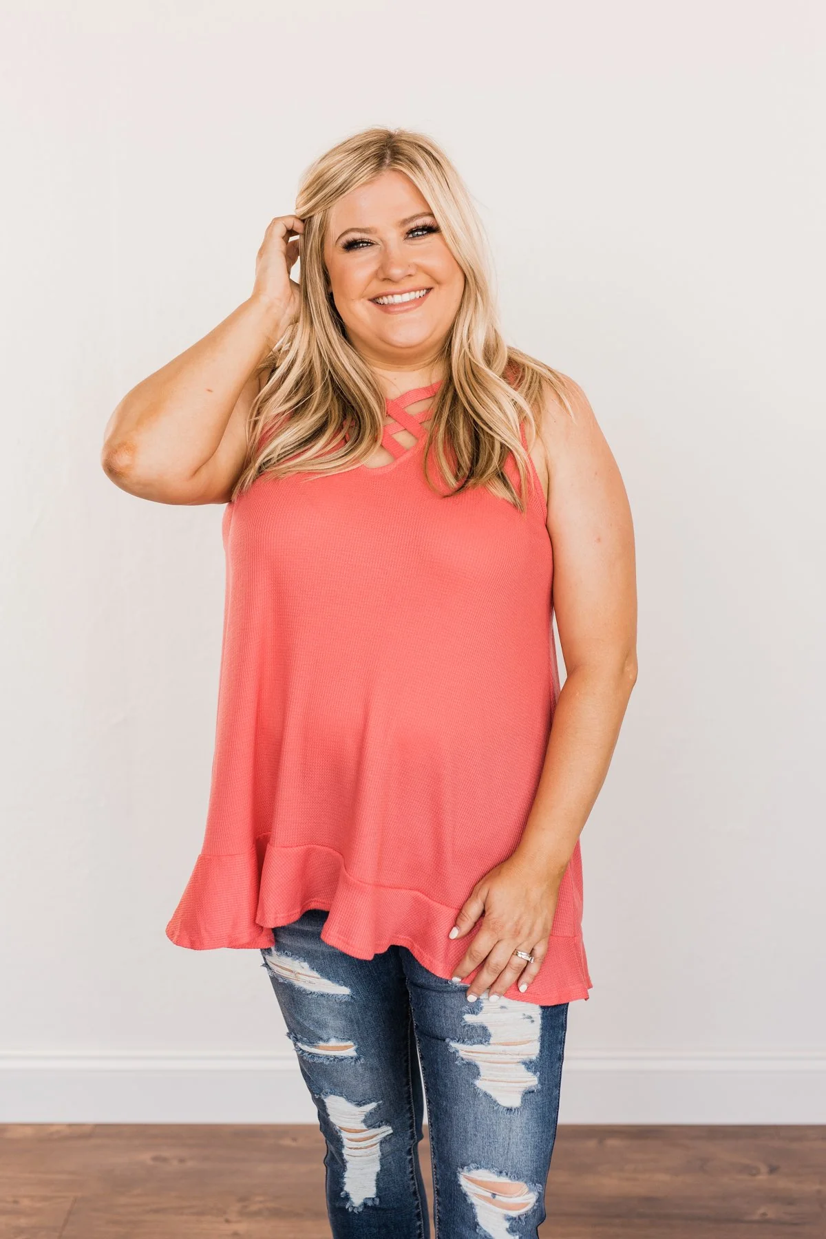 Passionate & Proud Criss-Cross Tank Top- Deep Coral - Image 4