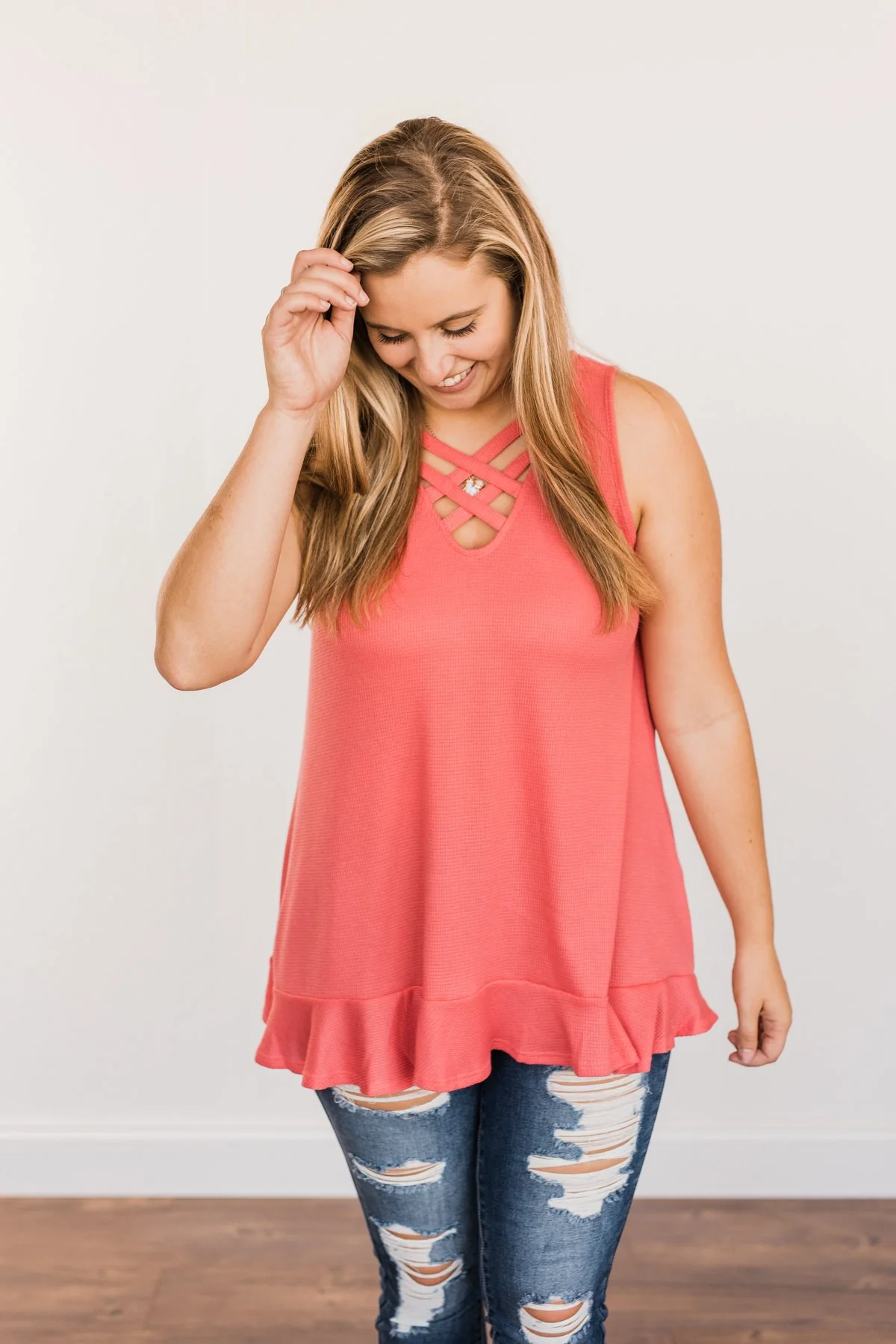 Passionate & Proud Criss-Cross Tank Top- Deep Coral - Image 6
