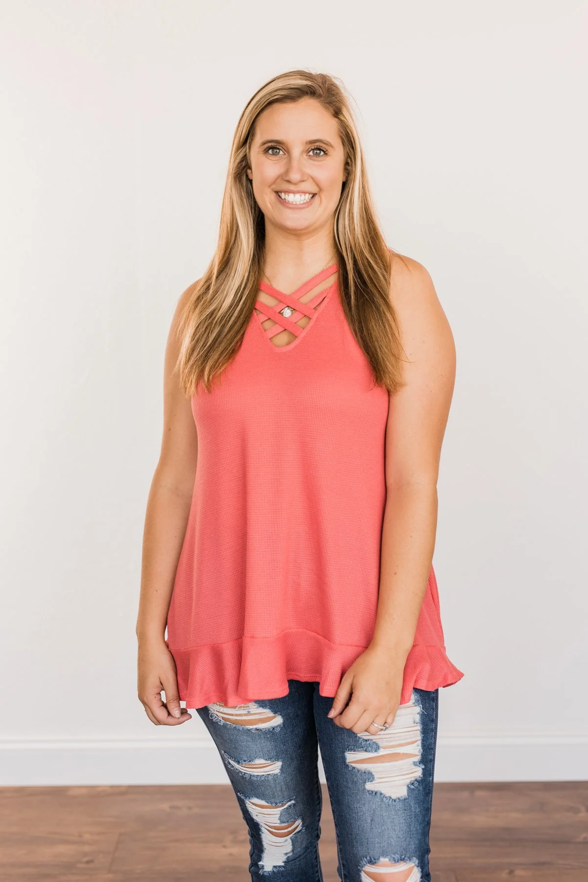 Passionate & Proud Criss-Cross Tank Top- Deep Coral - Image 8