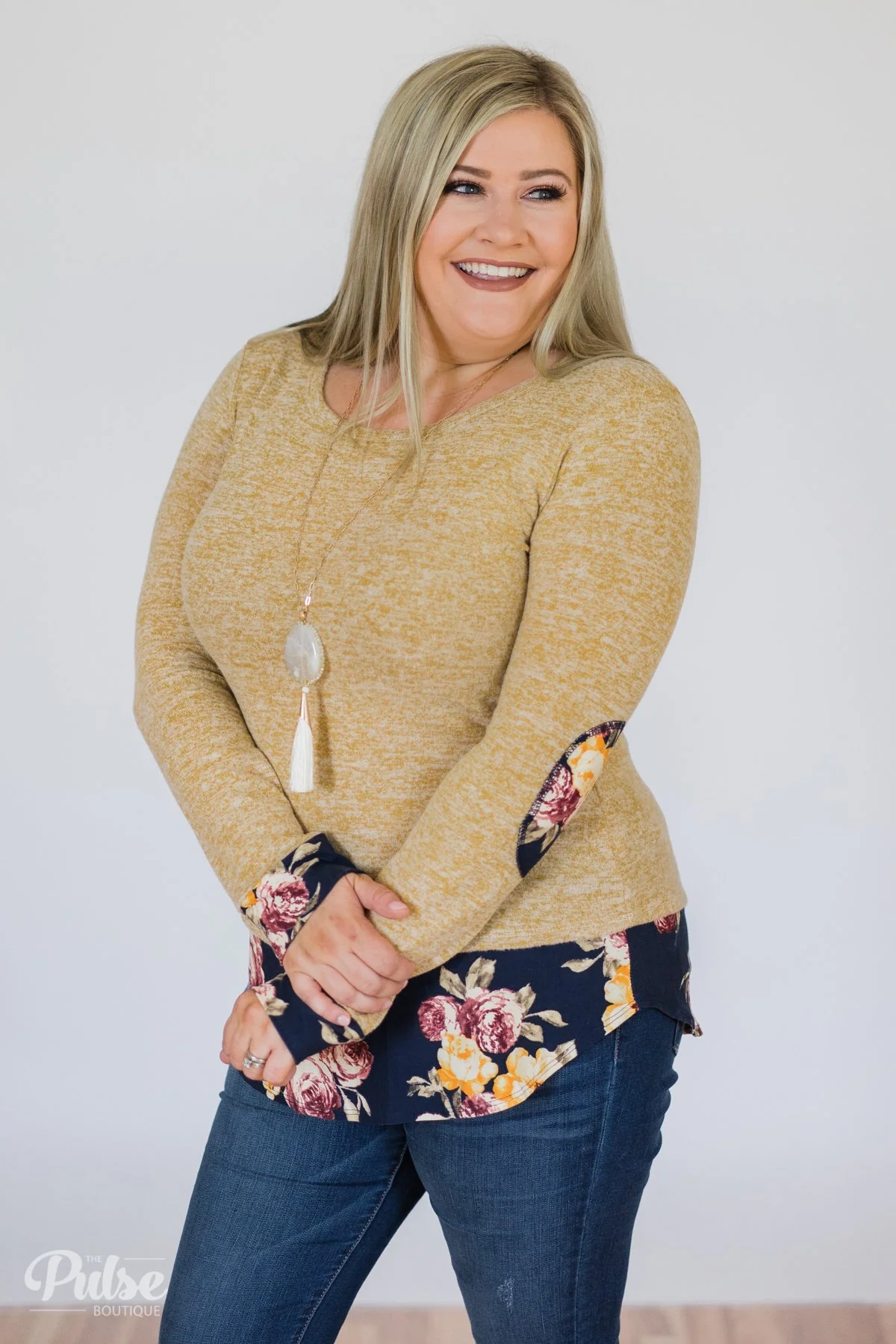 Patches of Floral Long Sleeve Top- Heathered Mustard - Image 2