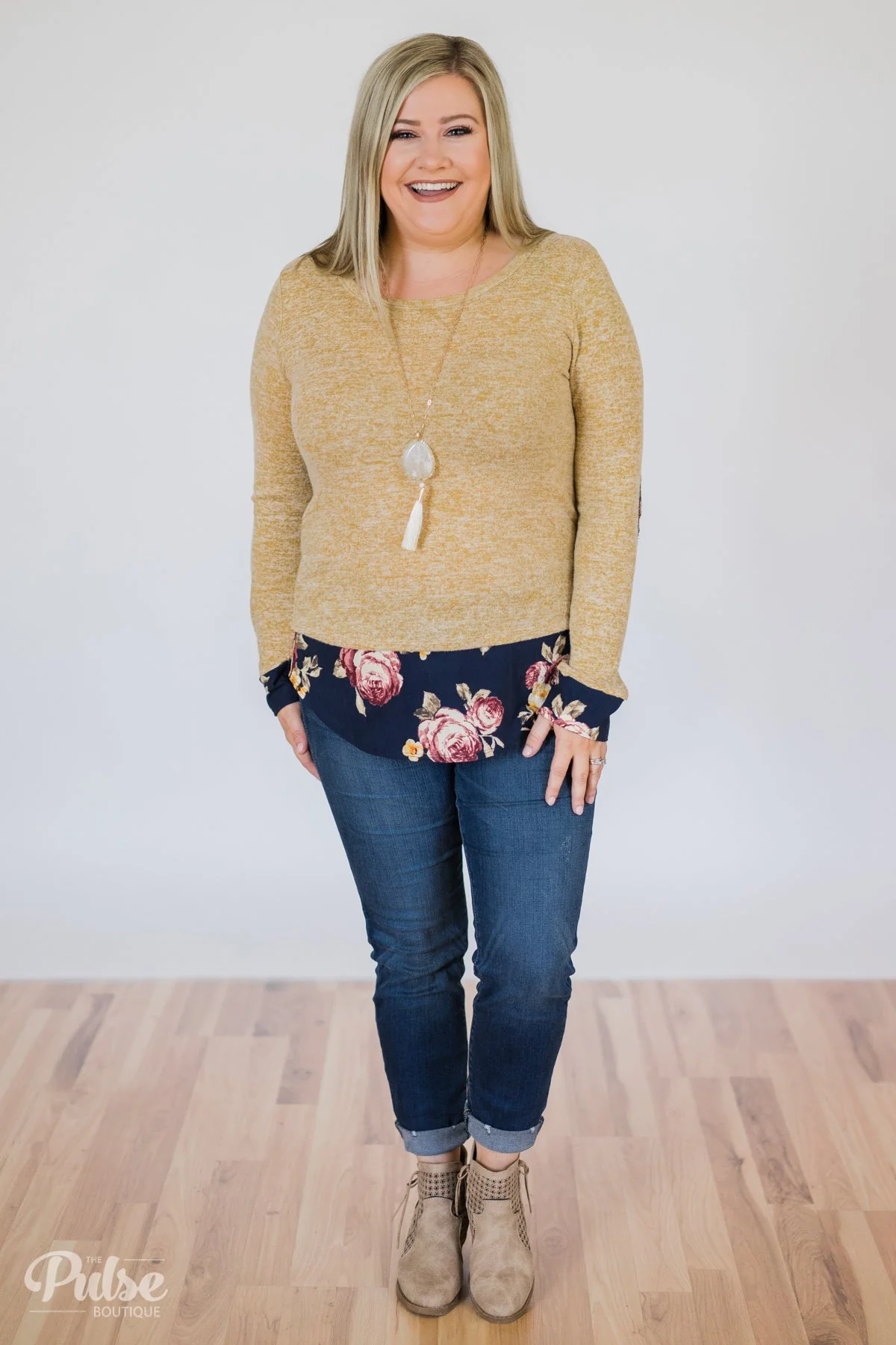 Patches of Floral Long Sleeve Top- Heathered Mustard - Image 3