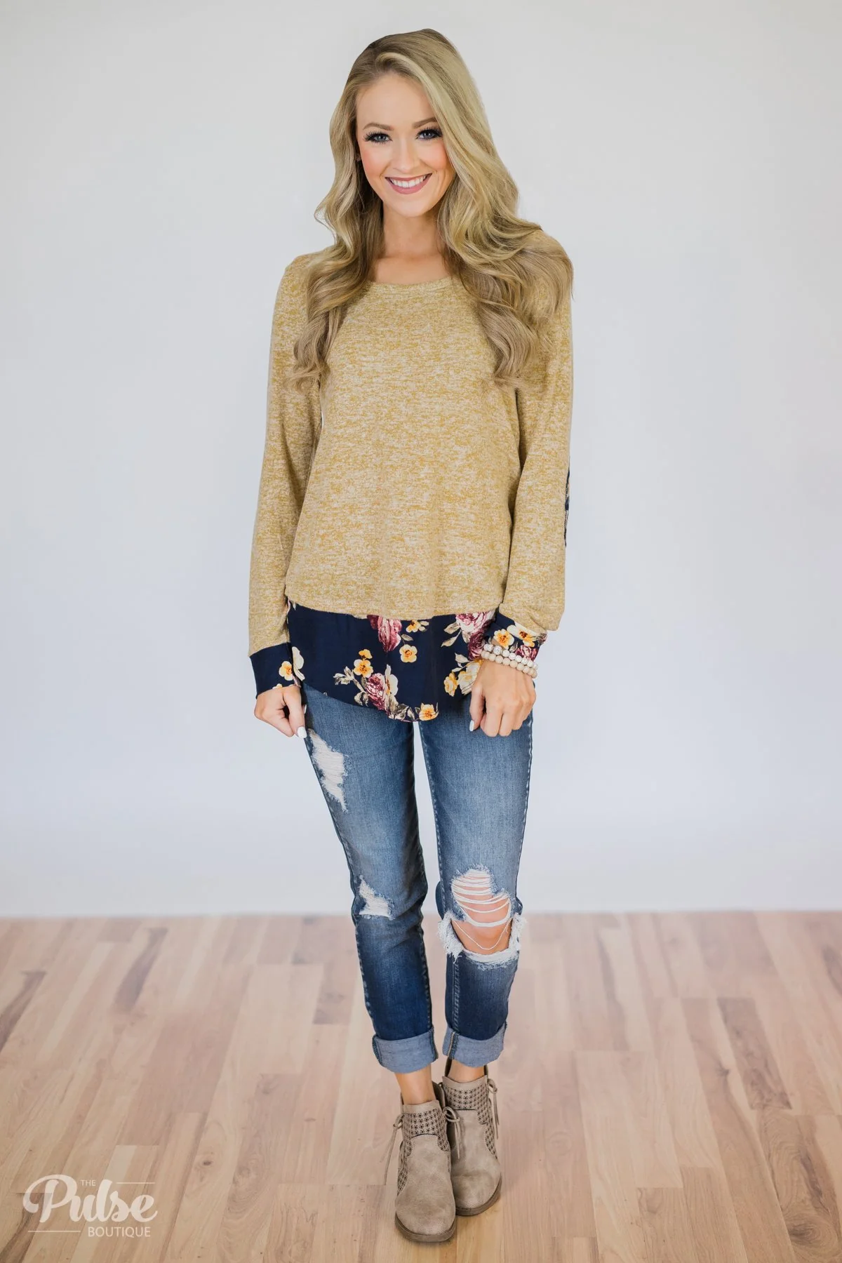 Patches of Floral Long Sleeve Top- Heathered Mustard - Image 4