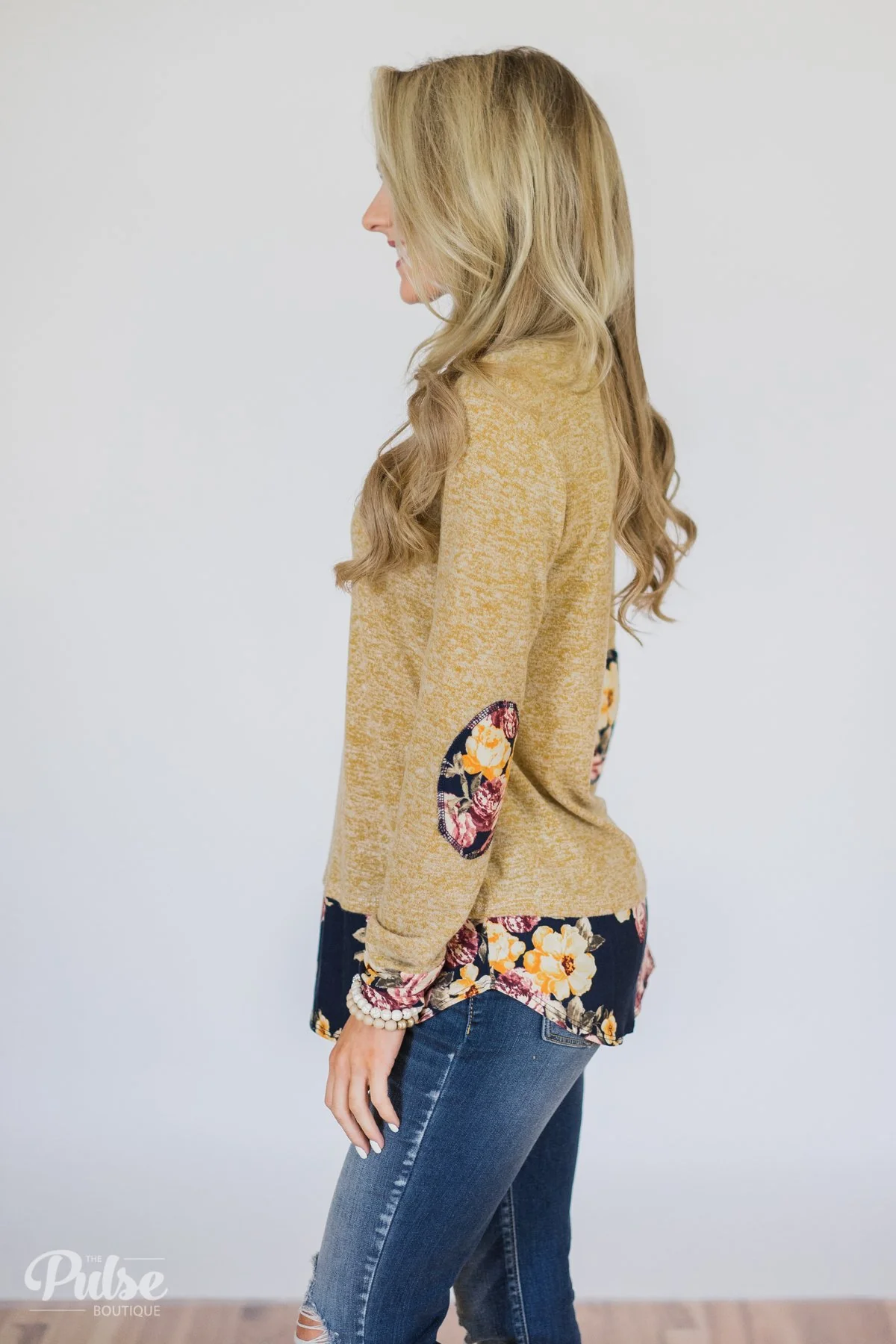 Patches of Floral Long Sleeve Top- Heathered Mustard - Image 5