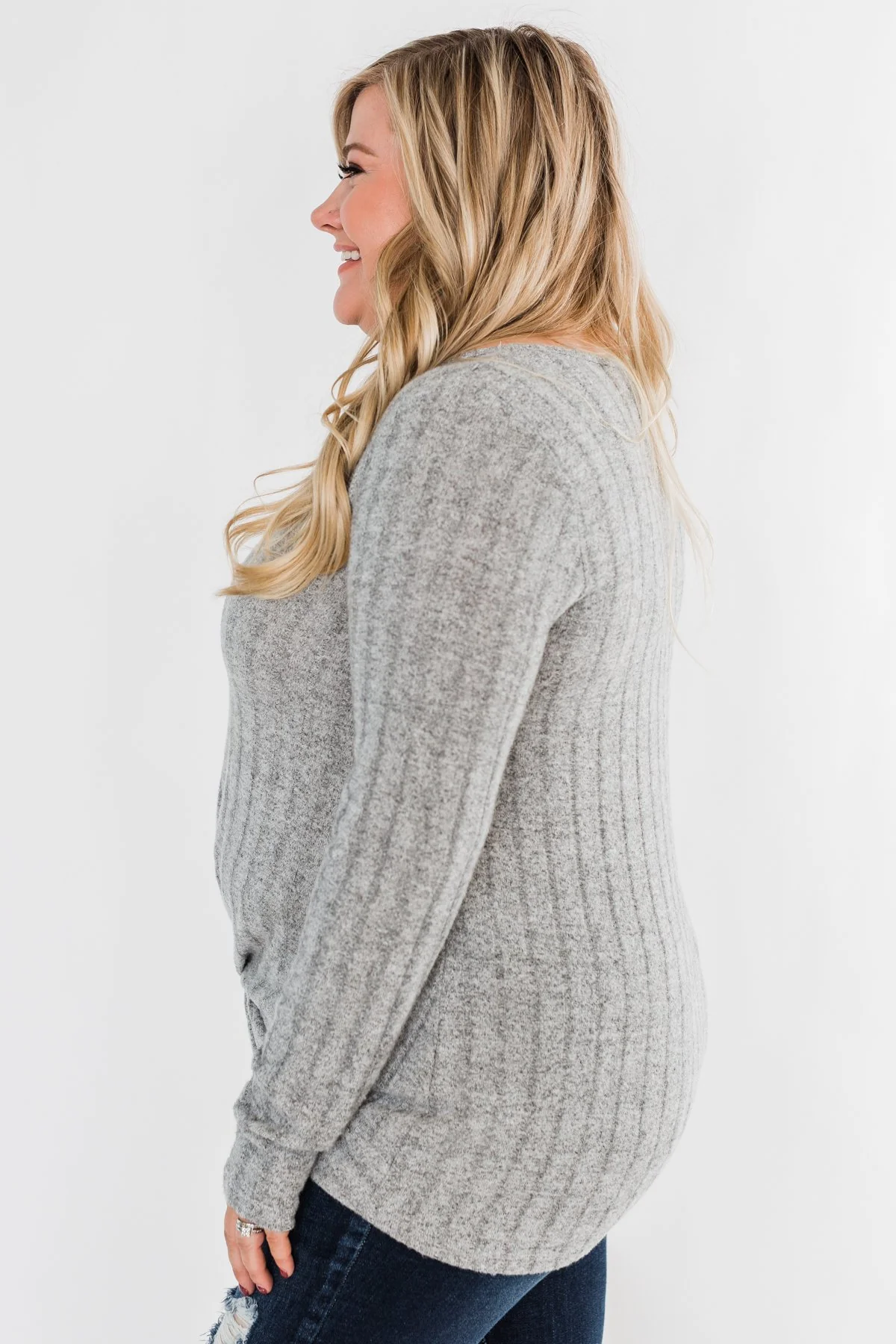 Path To Happiness Long Sleeve Twist Top- Heather Grey - Image 6