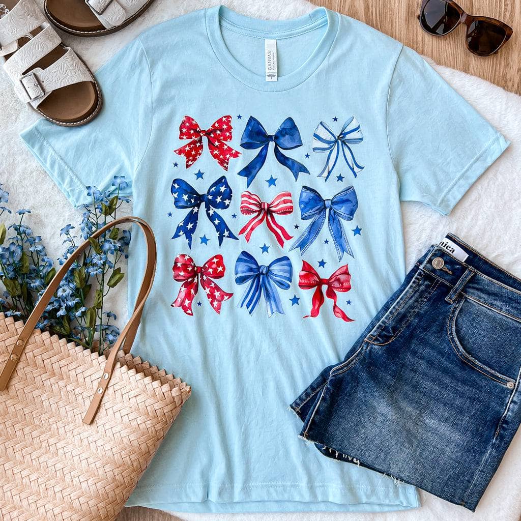 Patriotic Bows Graphic Tee- Light Blue