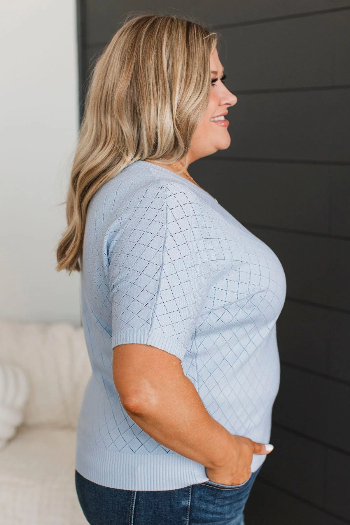 Pay Your Dues Pointelle Knit Top- Powder Blue - Image 5