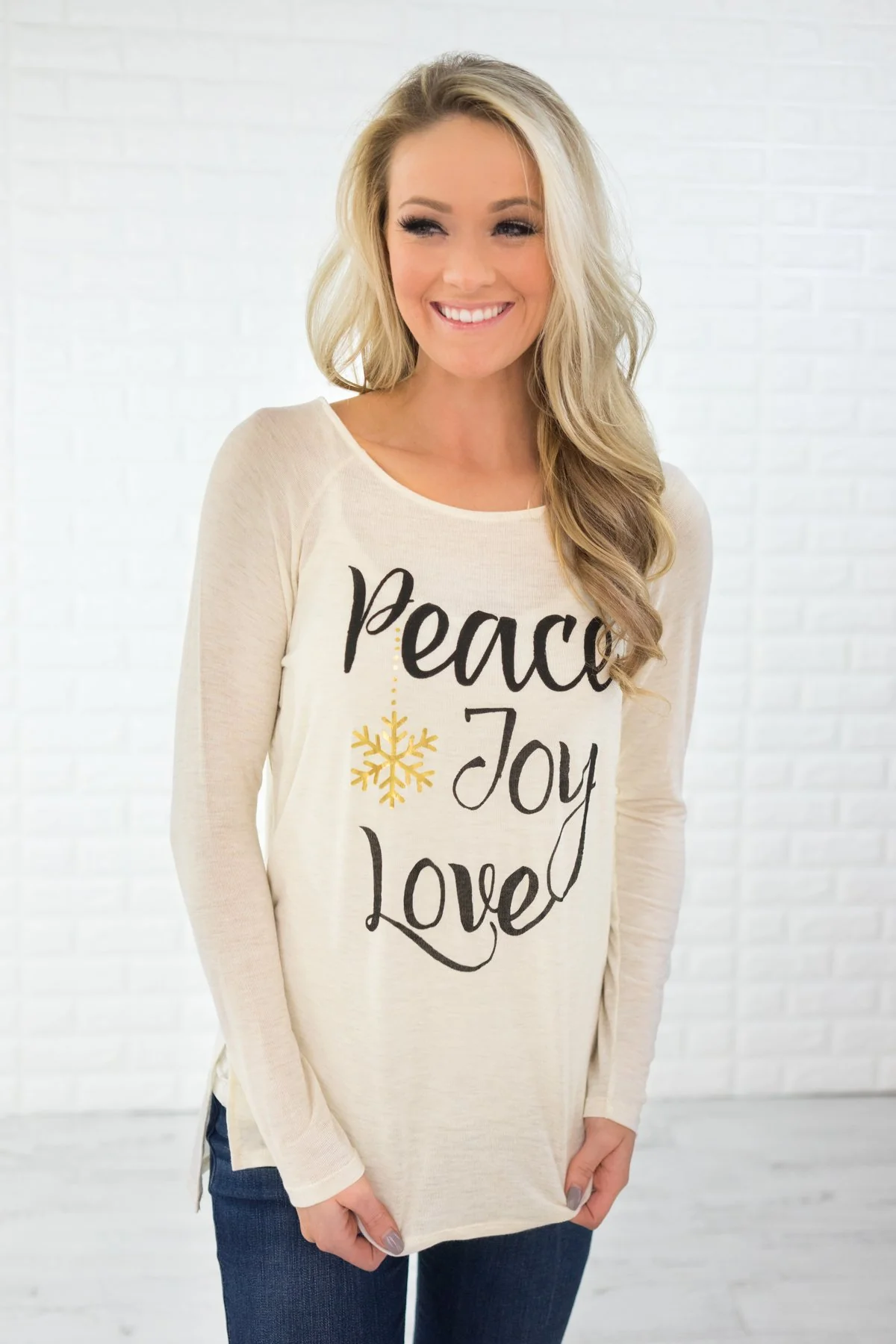 Peace, Joy & Love Long Sleeve Cream Top - Image 2