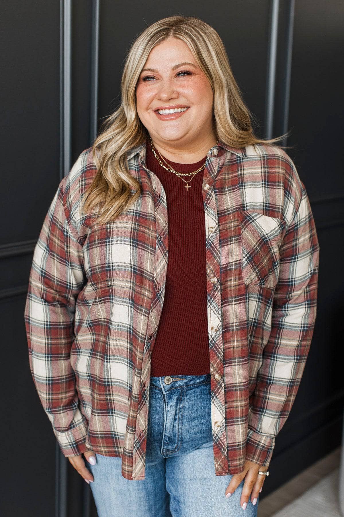 Peaceful Evenings Plaid Button Top- Brick Red - Image 2