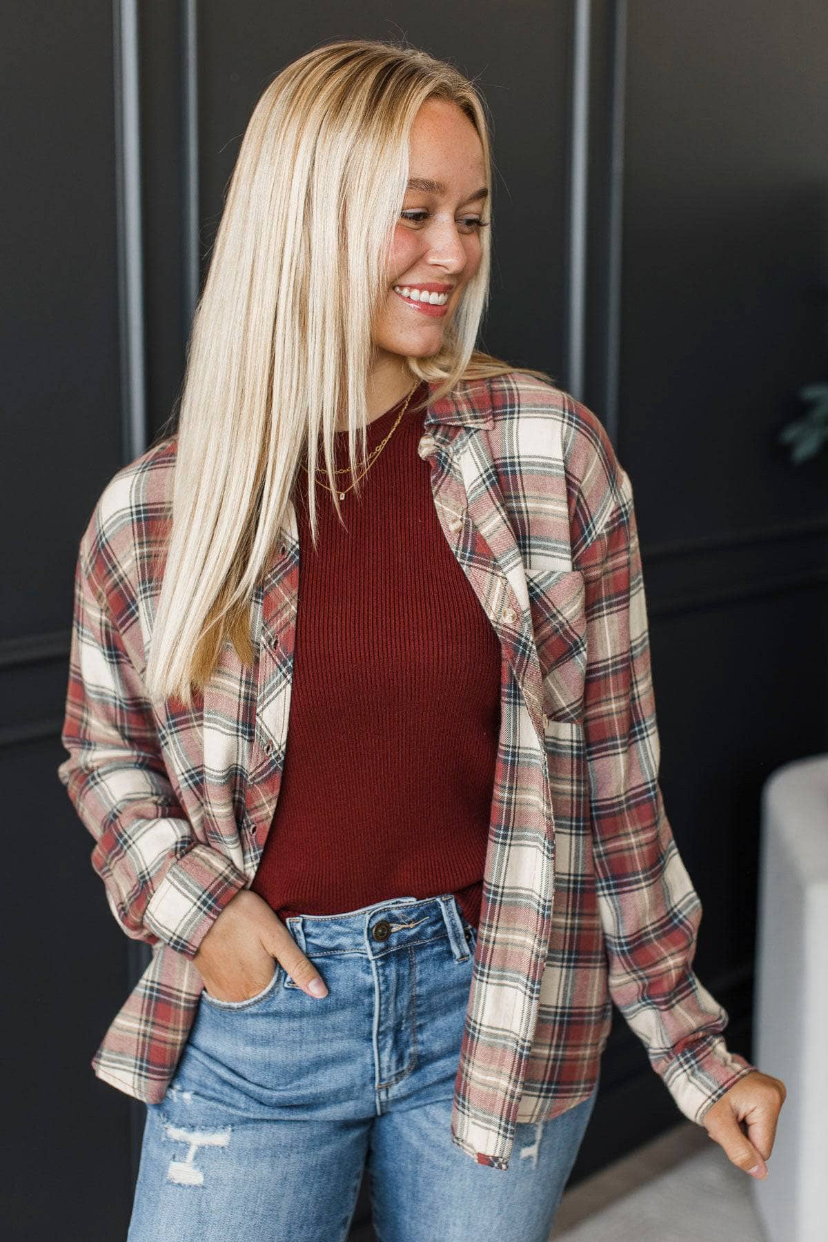 Peaceful Evenings Plaid Button Top- Brick Red - Image 3