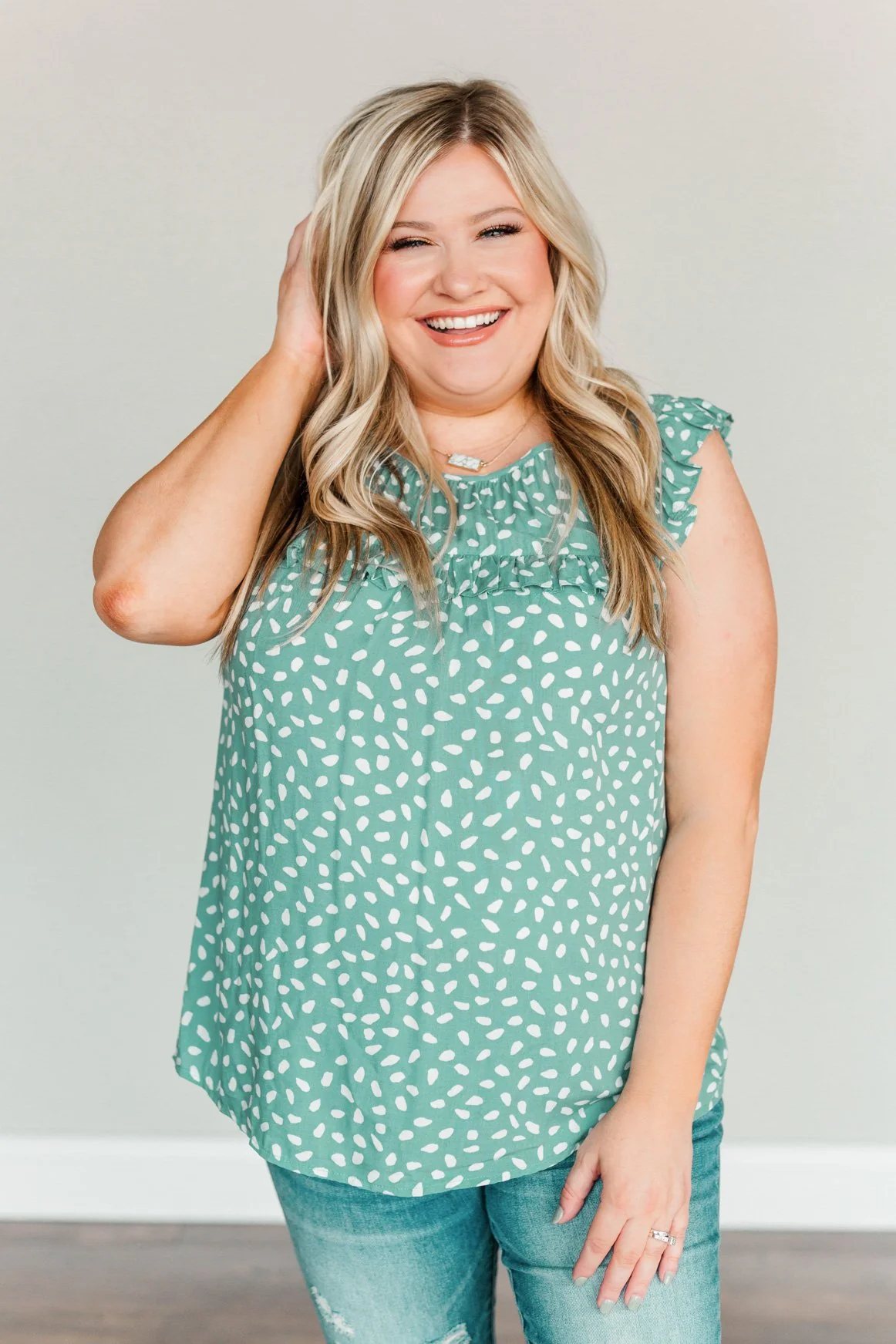 Peaceful Skies Spotted Sleeveless Blouse- Dusty Teal - Image 2