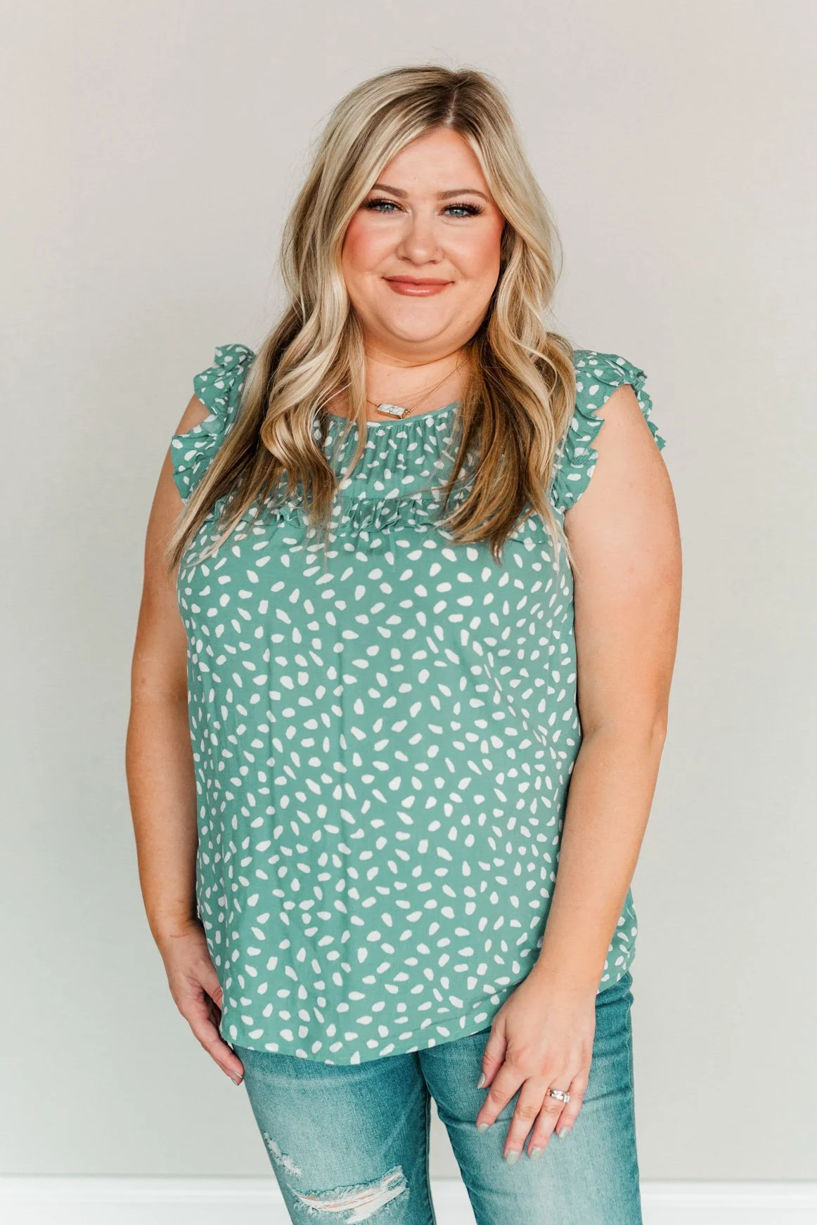 Peaceful Skies Spotted Sleeveless Blouse- Dusty Teal - Image 6