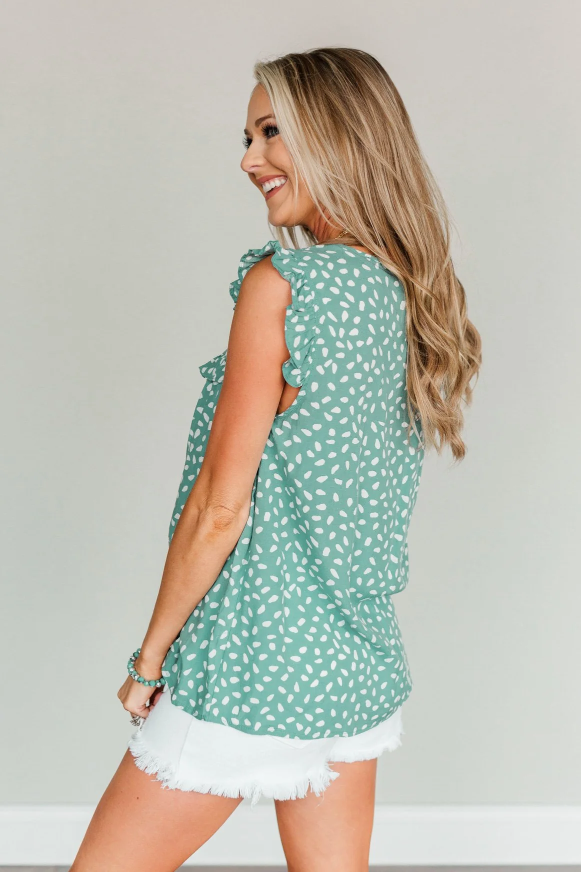 Peaceful Skies Spotted Sleeveless Blouse- Dusty Teal - Image 7