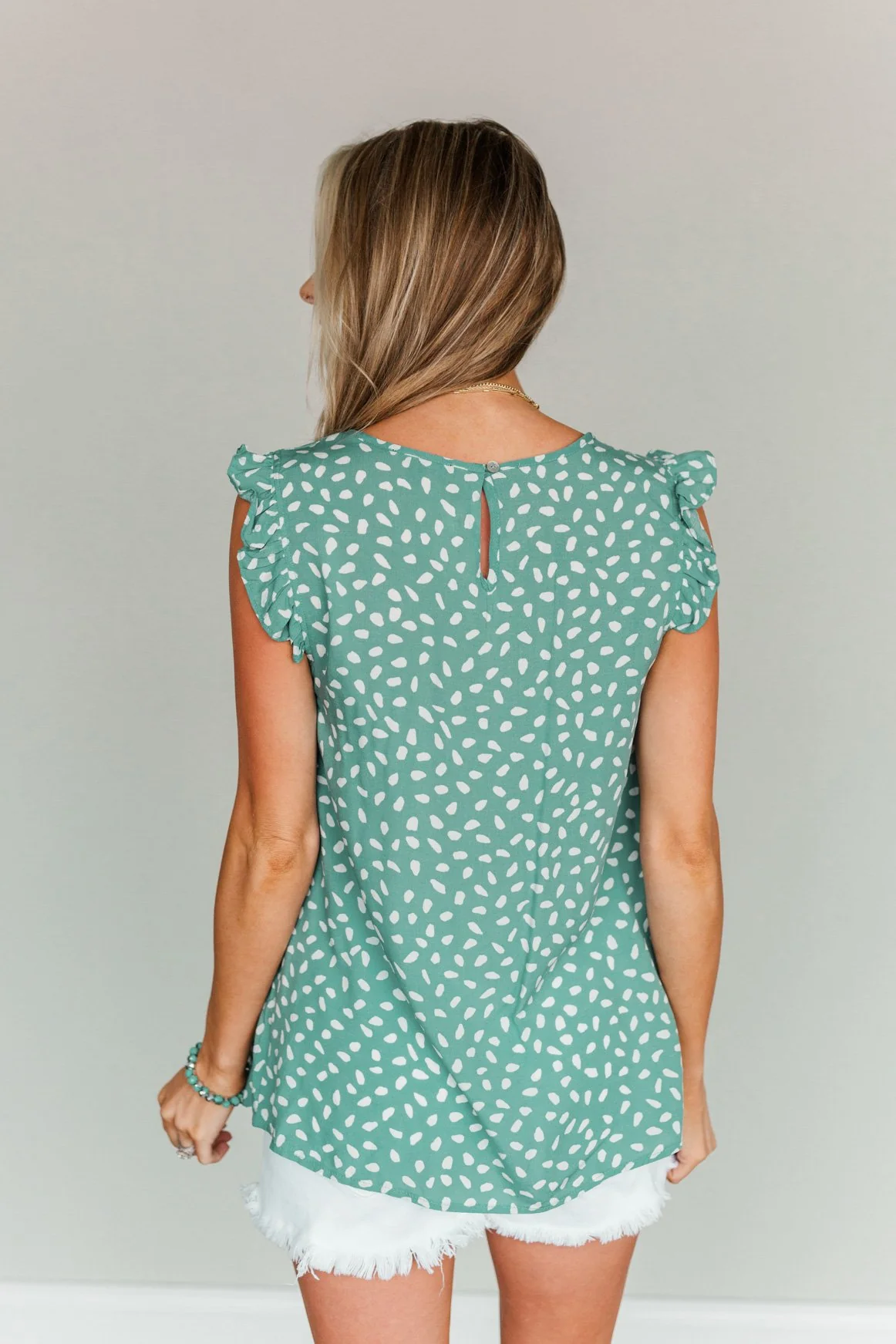 Peaceful Skies Spotted Sleeveless Blouse- Dusty Teal - Image 9