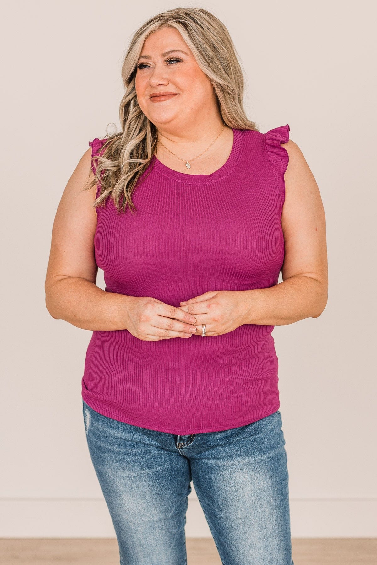 Peaceful Thoughts Flutter Sleeve Knit Top- Magenta - Image 2