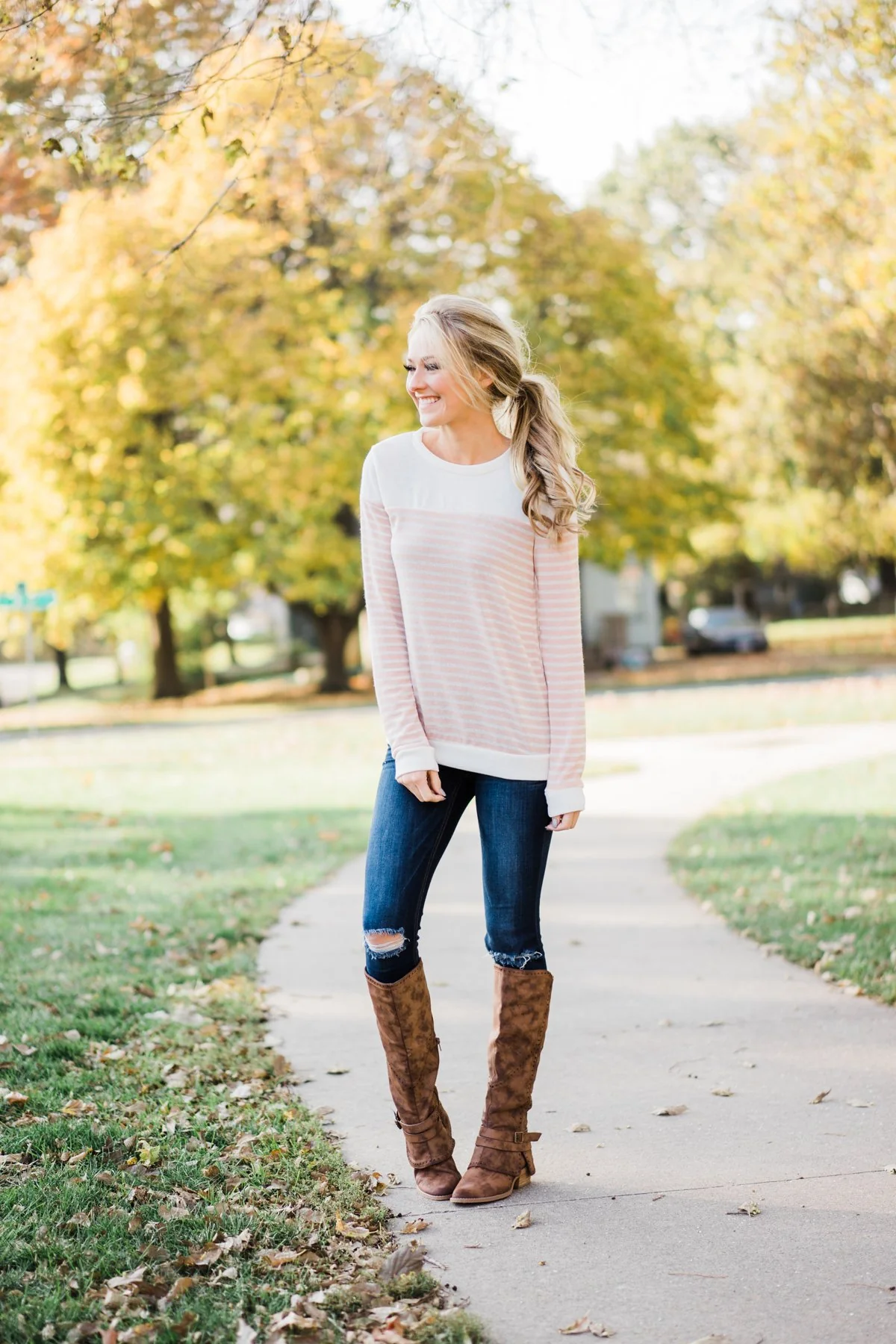 Peach and Ivory Striped Long Sleeve Top - Image 2