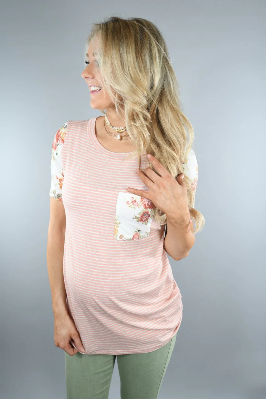 Peach Floral Sleeve Pocket Top - Image 4