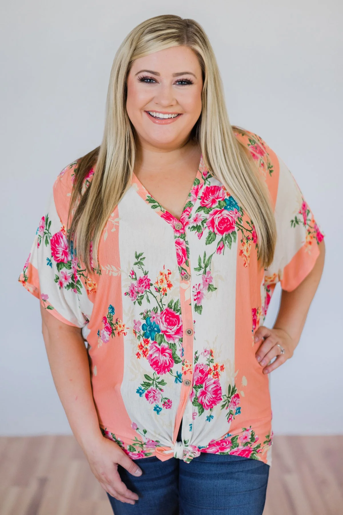 Peachy Keen Floral Dolman Knot Top- Peach & Ivory - Image 2