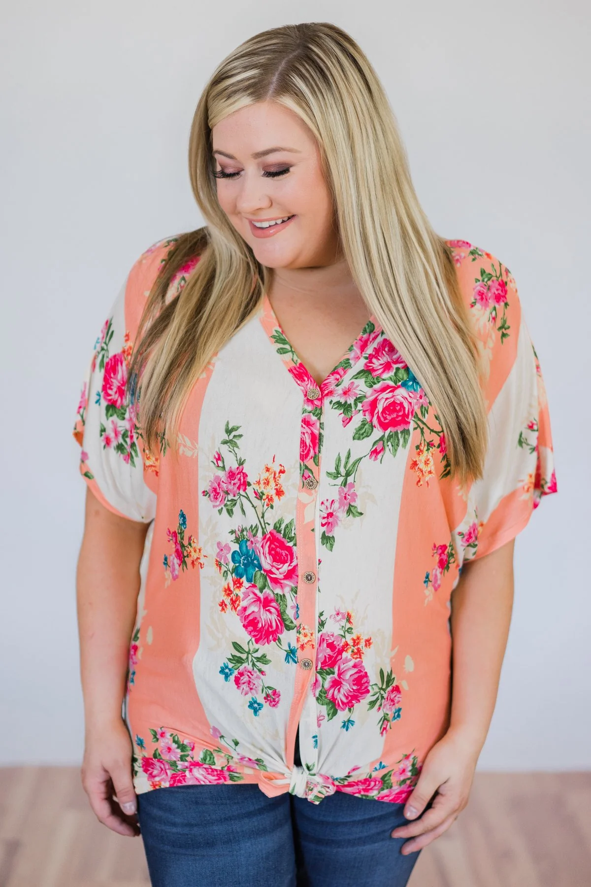 Peachy Keen Floral Dolman Knot Top- Peach & Ivory - Image 3