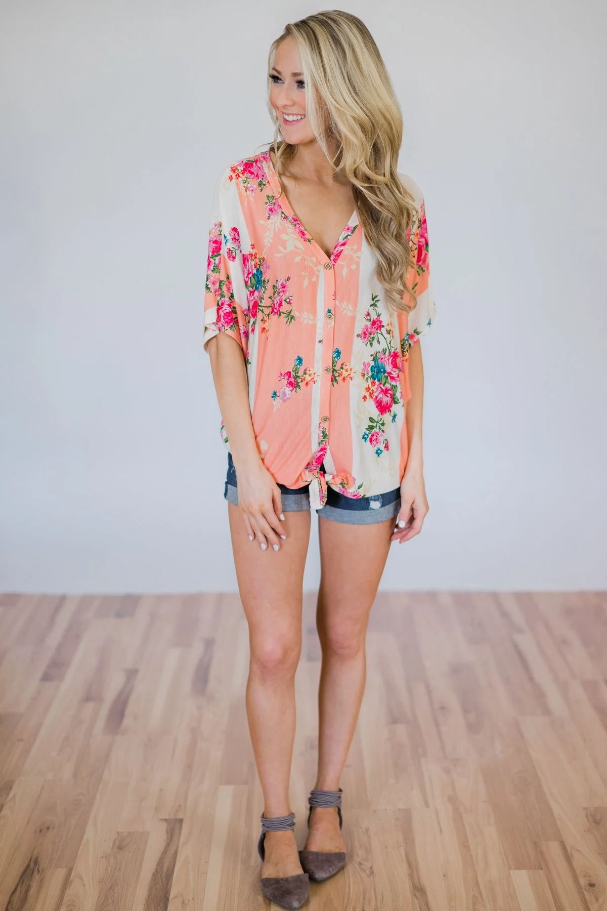 Peachy Keen Floral Dolman Knot Top- Peach & Ivory - Image 4