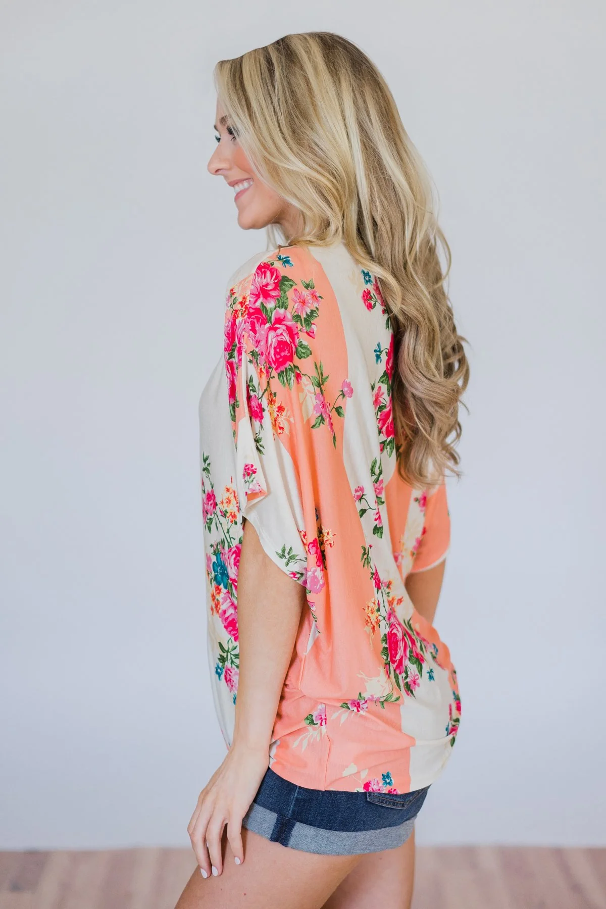 Peachy Keen Floral Dolman Knot Top- Peach & Ivory - Image 7