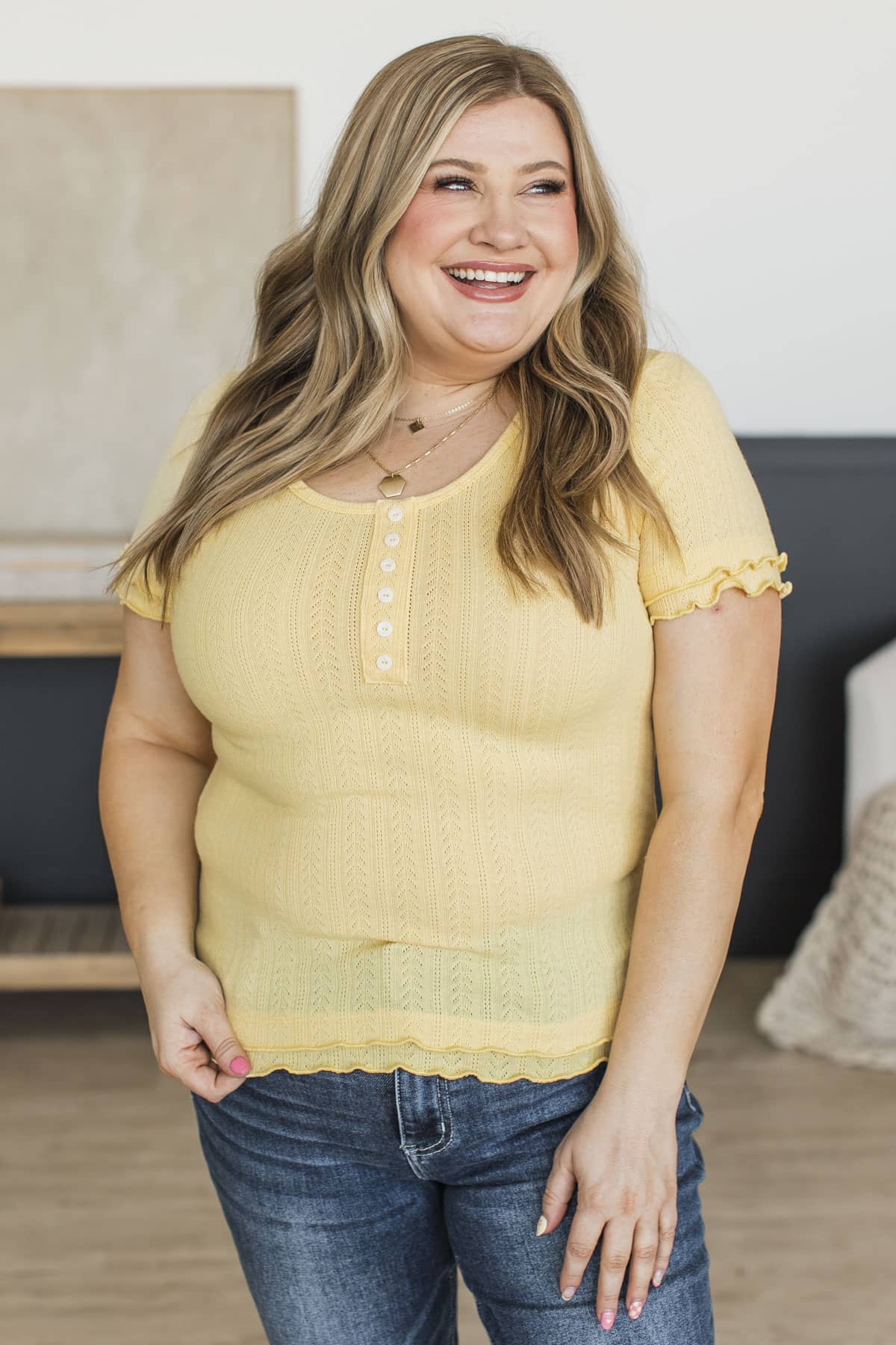 Perfect Date Lettuce Hem Knit Top- Yellow - Image 4