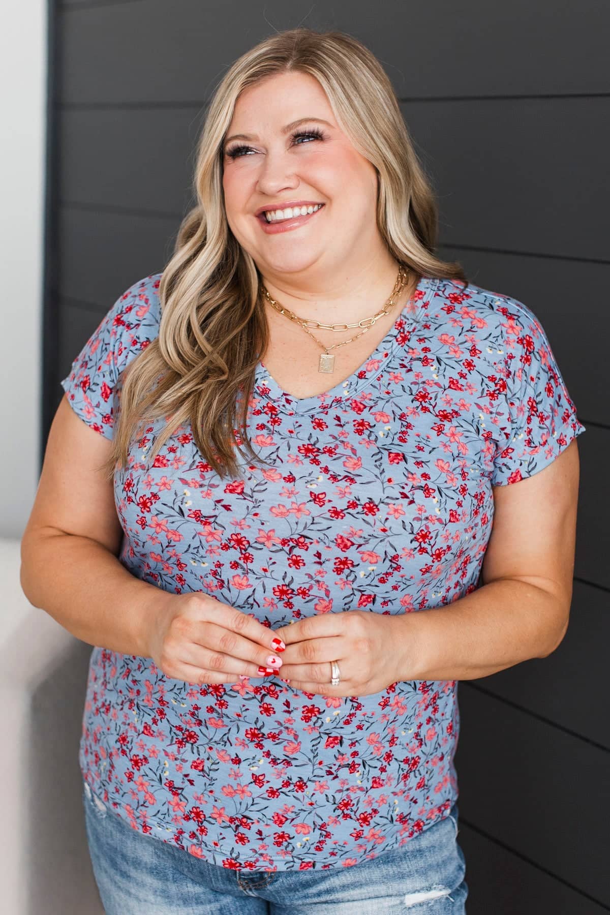 Perfect Daydream Short Sleeve Floral Top- Cornflower Blue - Image 2