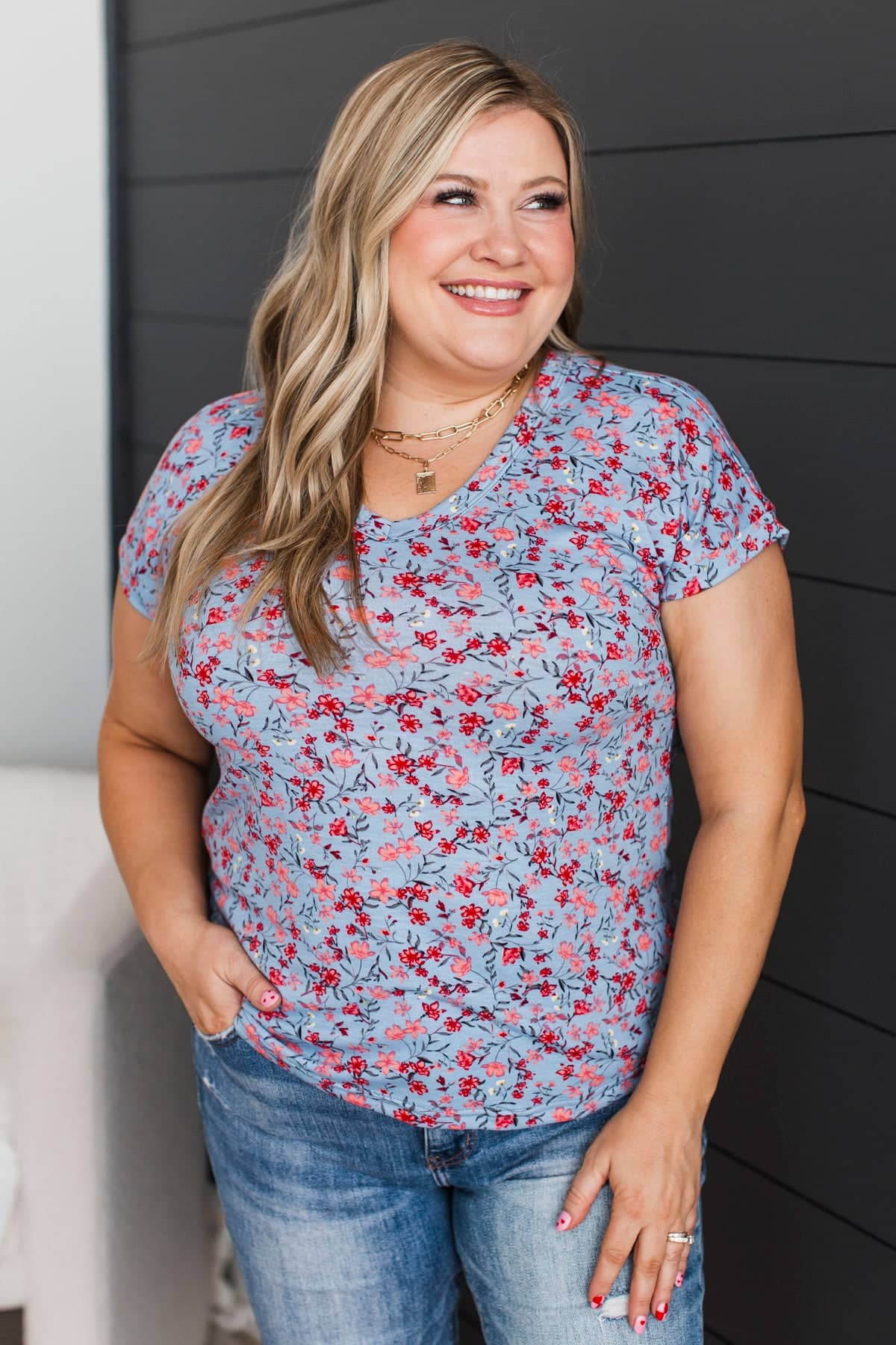 Perfect Daydream Short Sleeve Floral Top- Cornflower Blue - Image 4