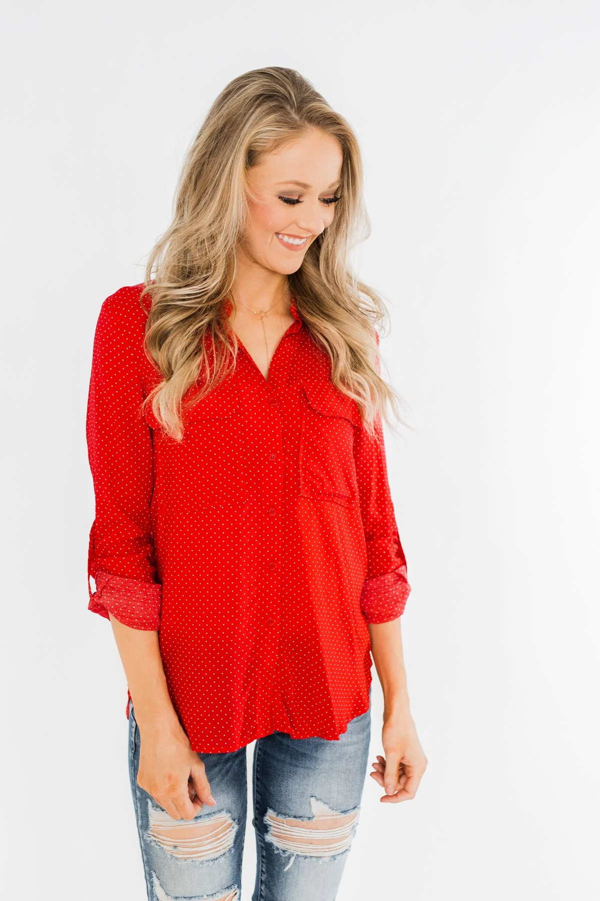 Perfect For Me Polka Dot Blouse- Lipstick Red - Image 4