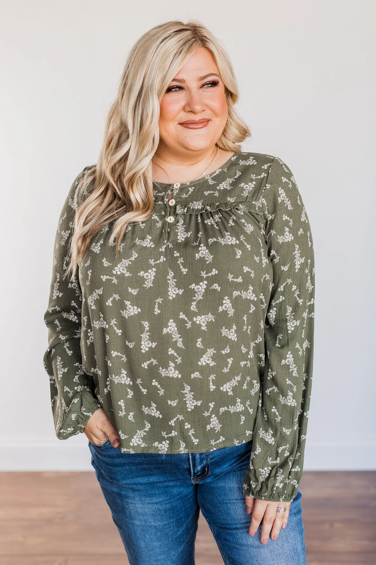 Perfect For You Floral Long Sleeve Blouse- Olive - Image 3