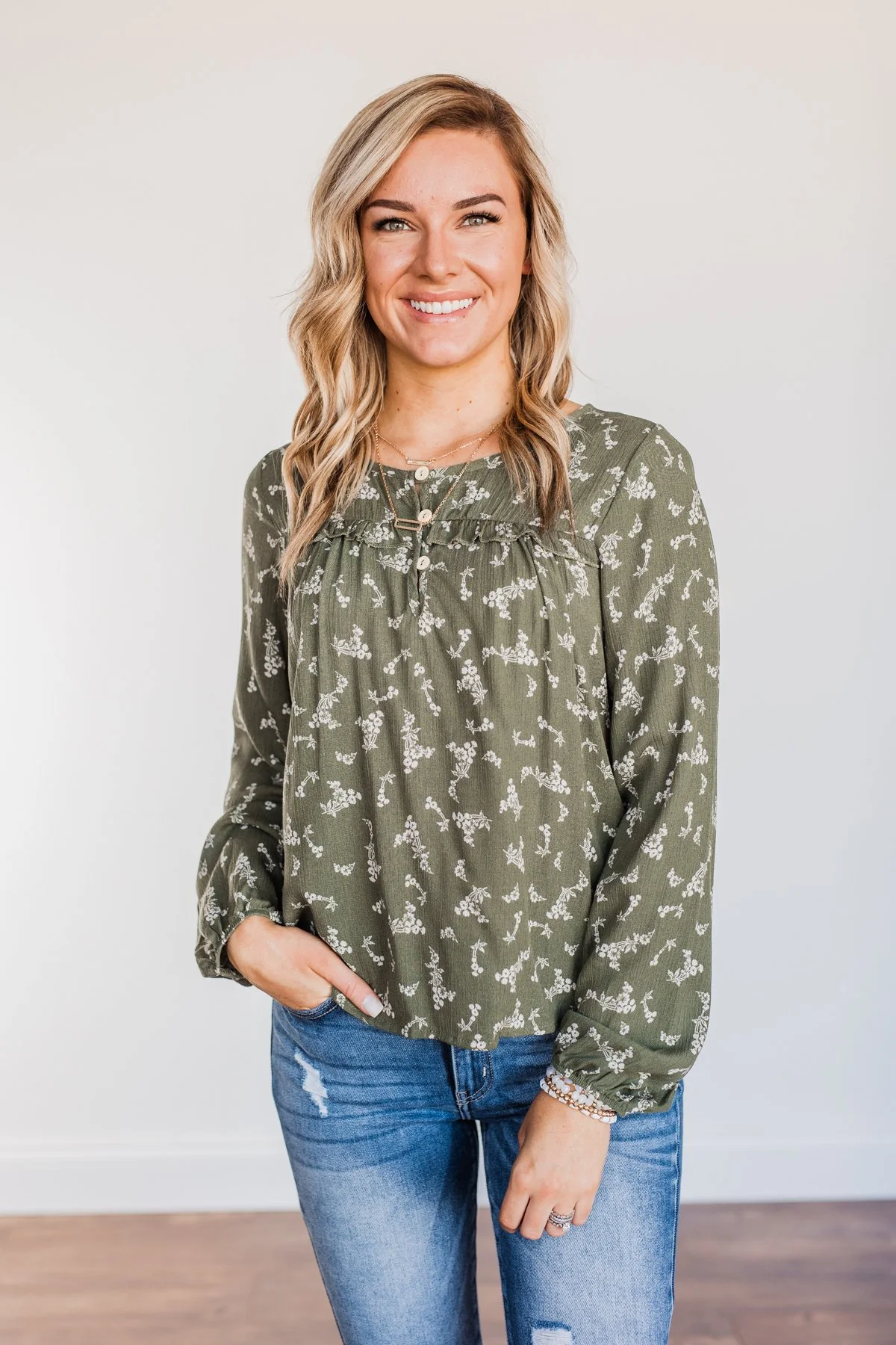 Perfect For You Floral Long Sleeve Blouse- Olive - Image 4