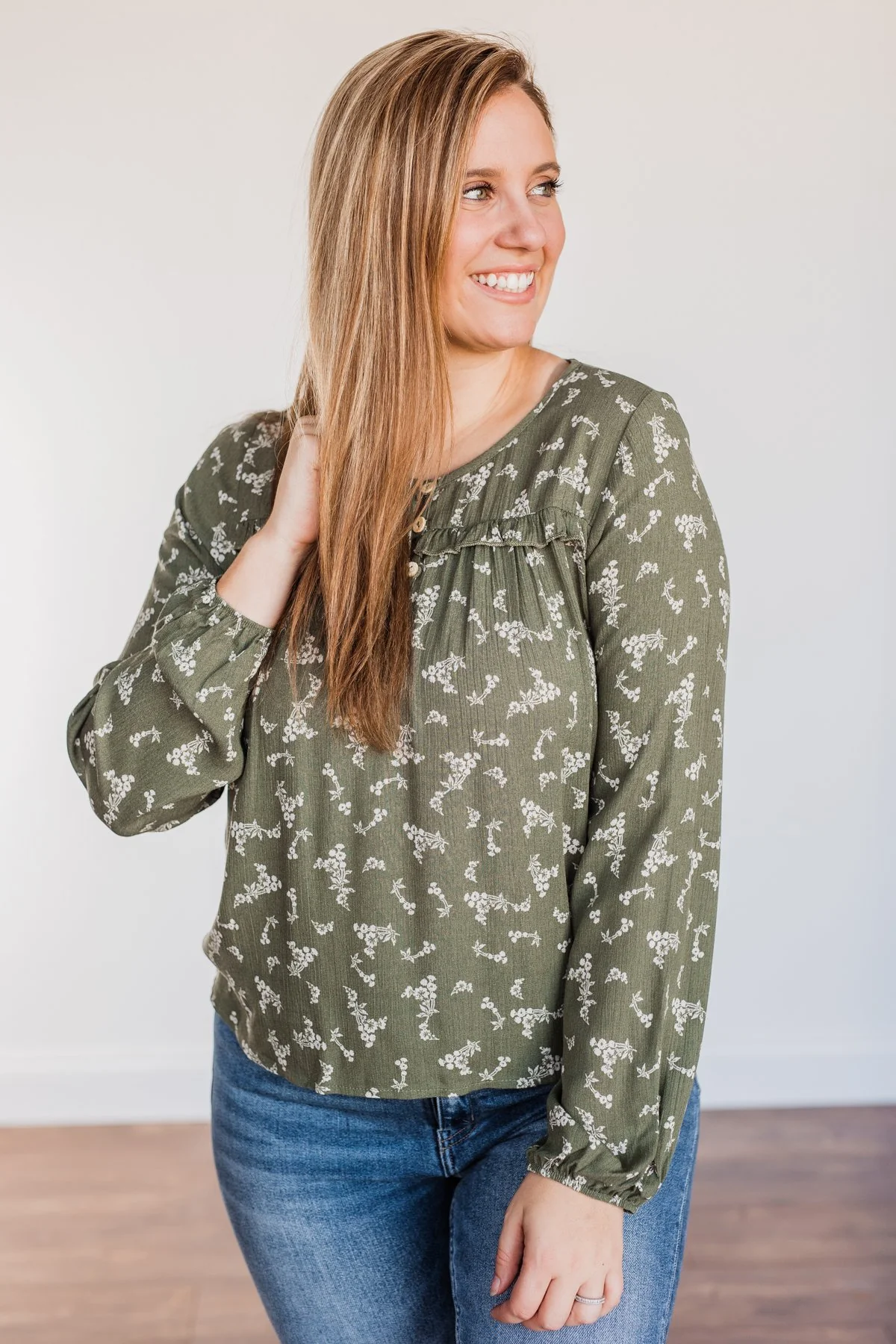 Perfect For You Floral Long Sleeve Blouse- Olive - Image 5