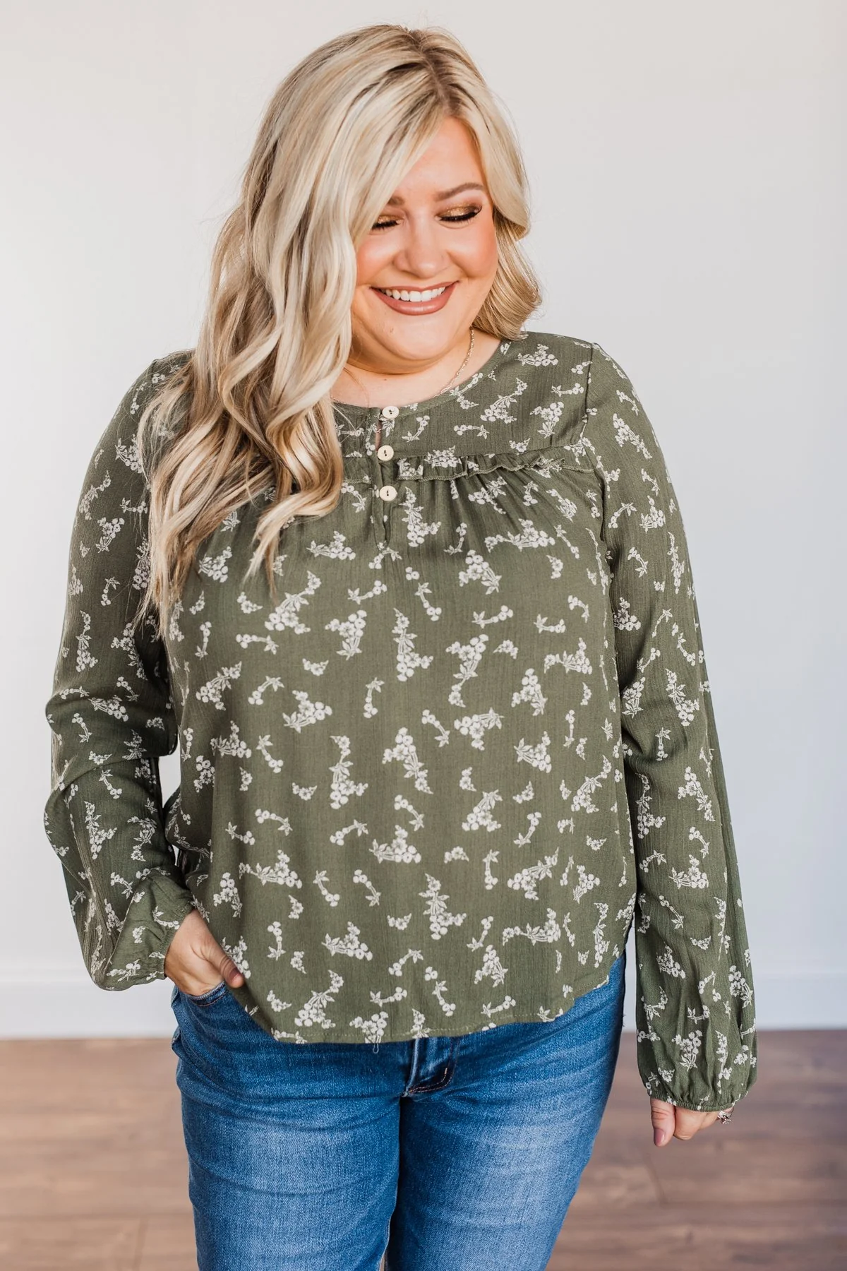 Perfect For You Floral Long Sleeve Blouse- Olive - Image 6