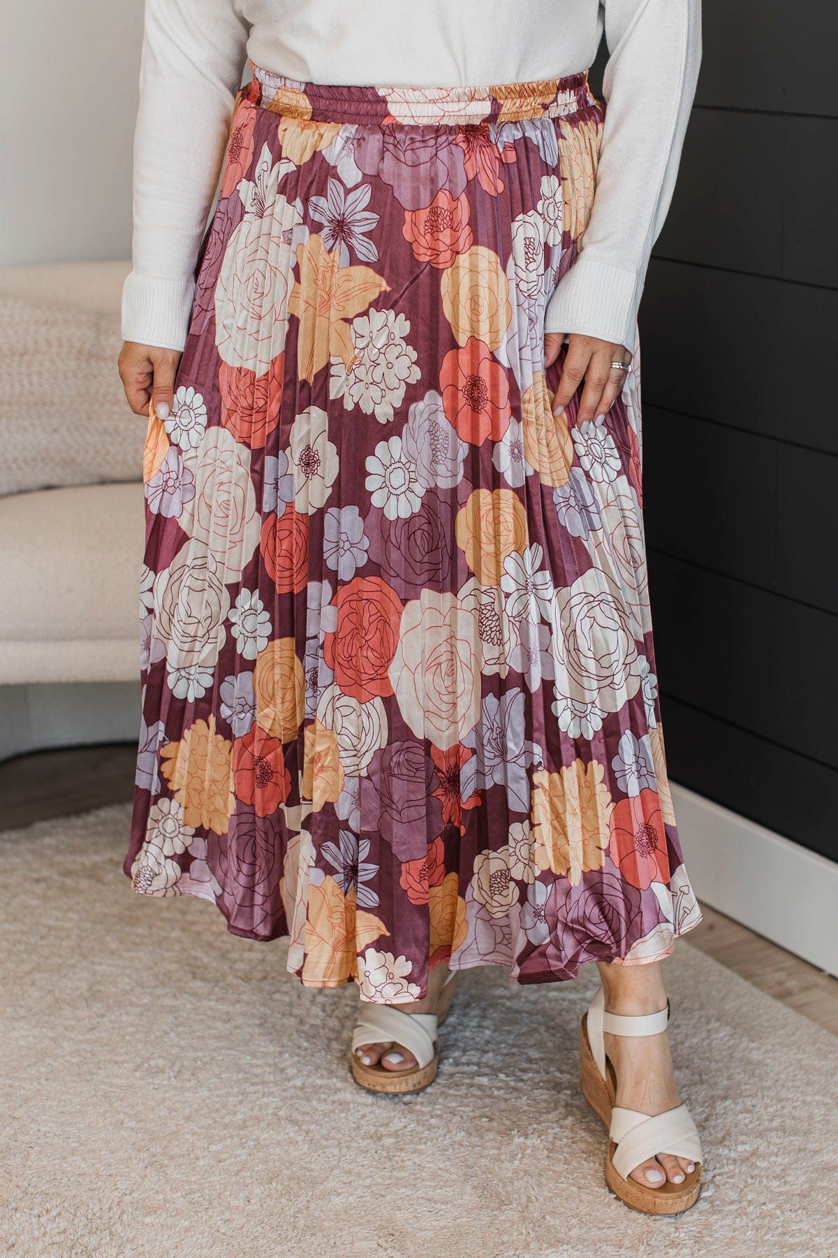 Perfect Like You Pleated Floral Skirt- Maroon - Image 3