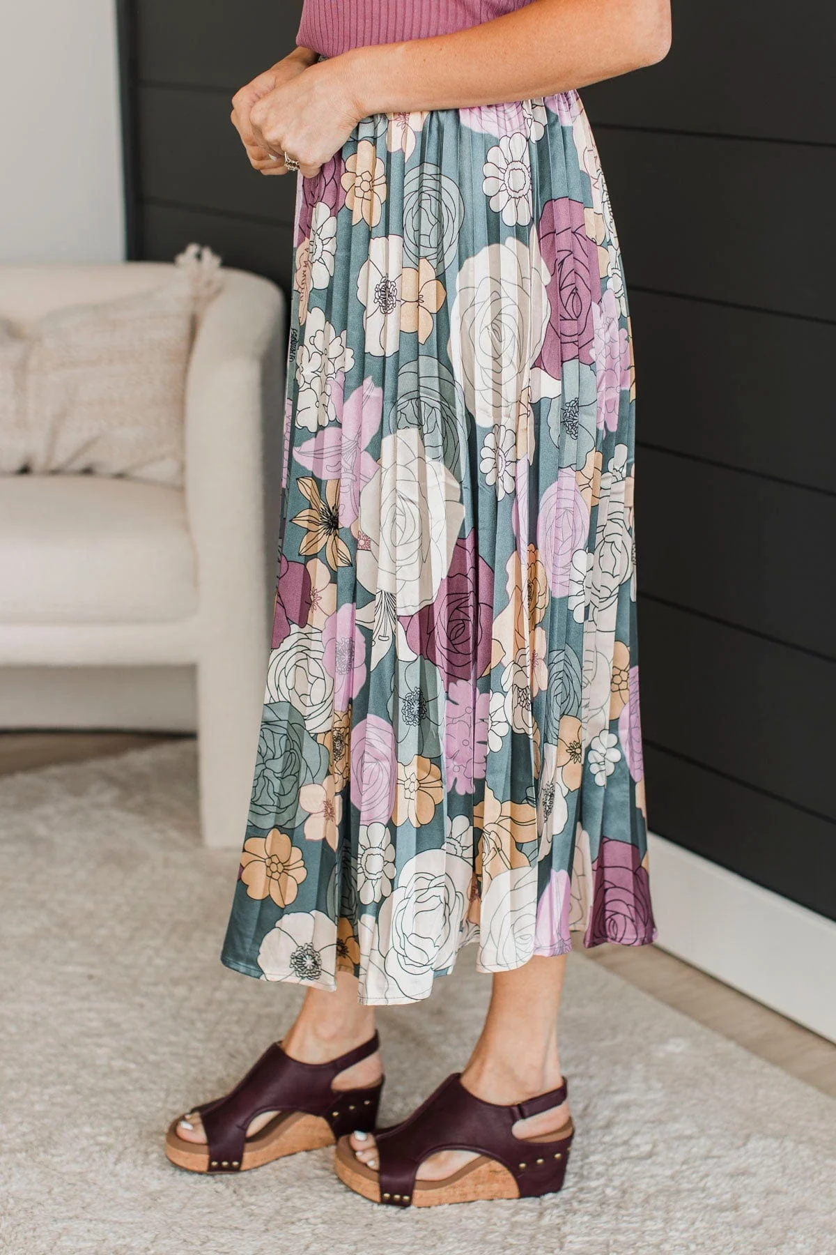 Perfect Like You Pleated Floral Skirt- Teal - Image 5