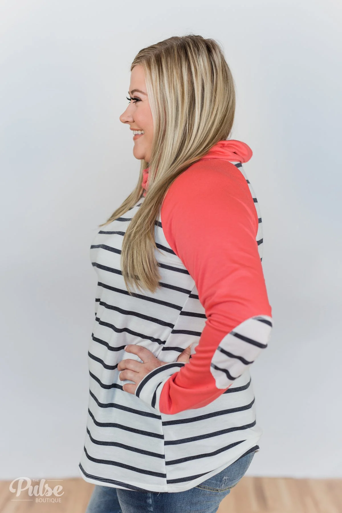 Perfect Match Striped Elbow Patch Cowl Neck- Coral - Image 10