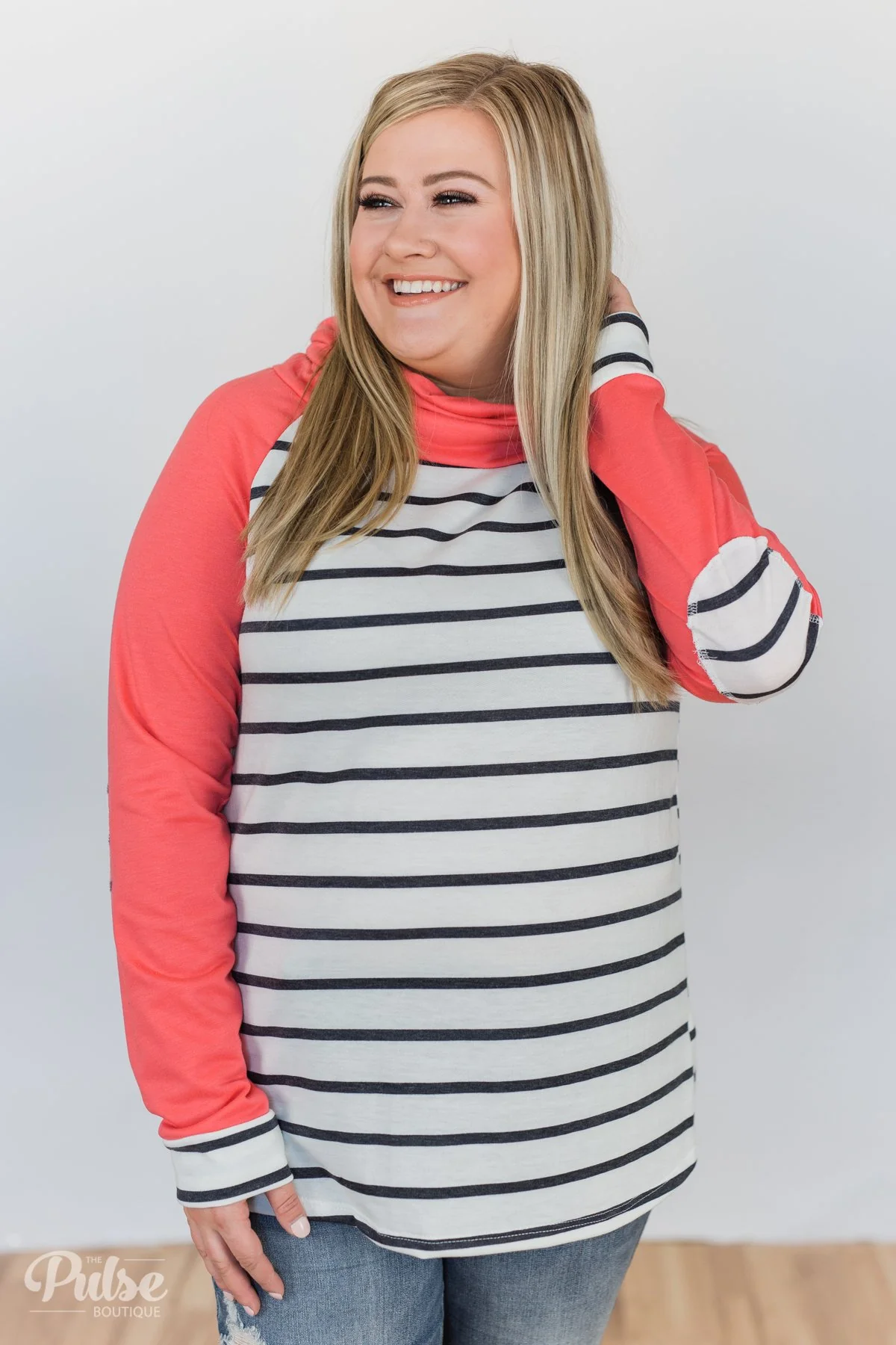 Perfect Match Striped Elbow Patch Cowl Neck- Coral - Image 2