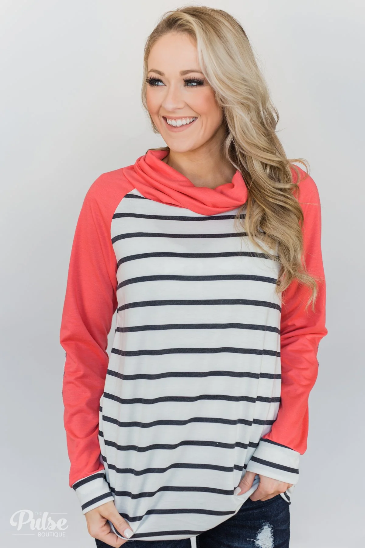 Perfect Match Striped Elbow Patch Cowl Neck- Coral - Image 4